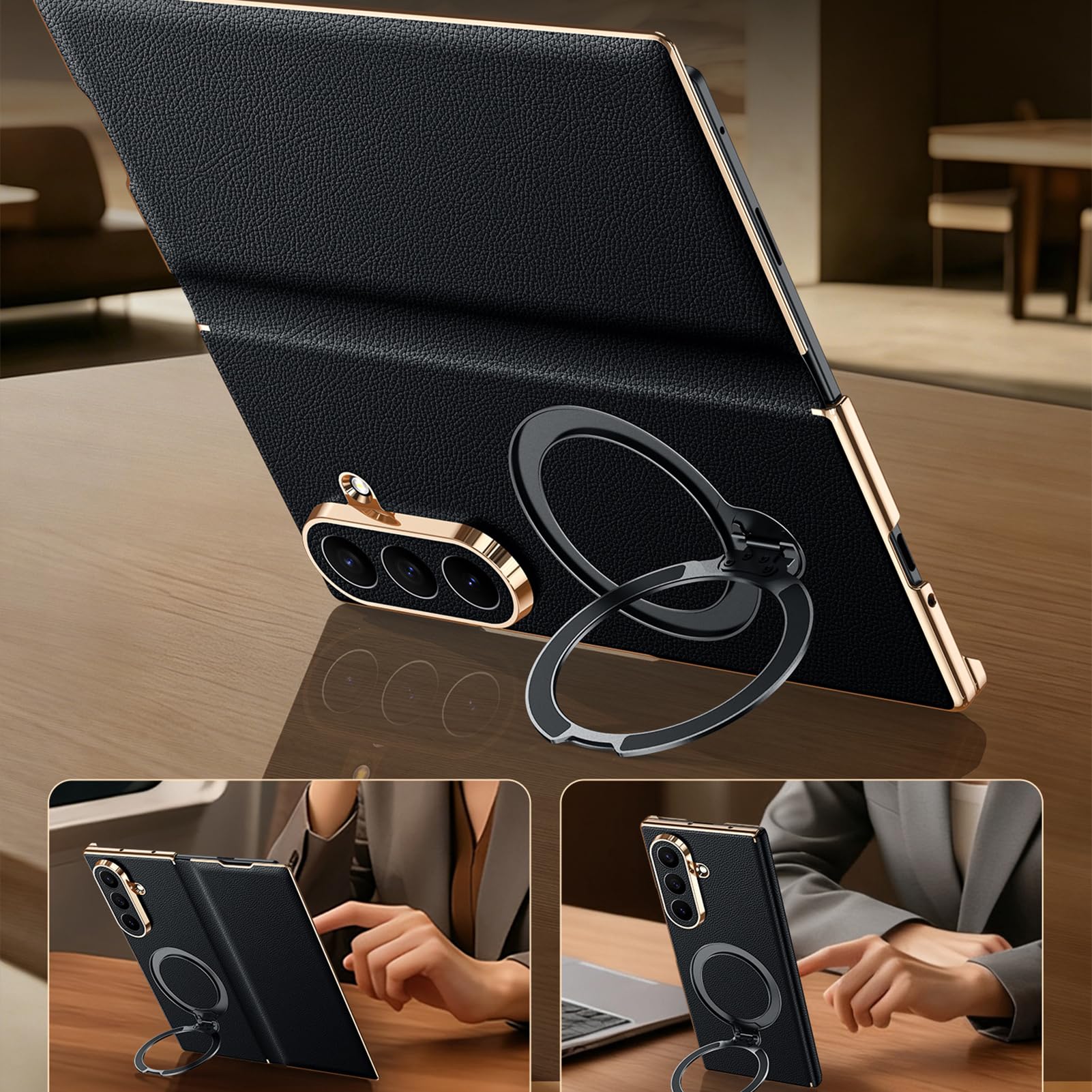 Per Samsung Galaxy Z Fold 8 Ultra Custodia Pelle, Anello, Bordo Oro | Folio a libro di lusso fatto a mano con anello. Stand regolabile, protezione lente totale, cover leggera(Brown)