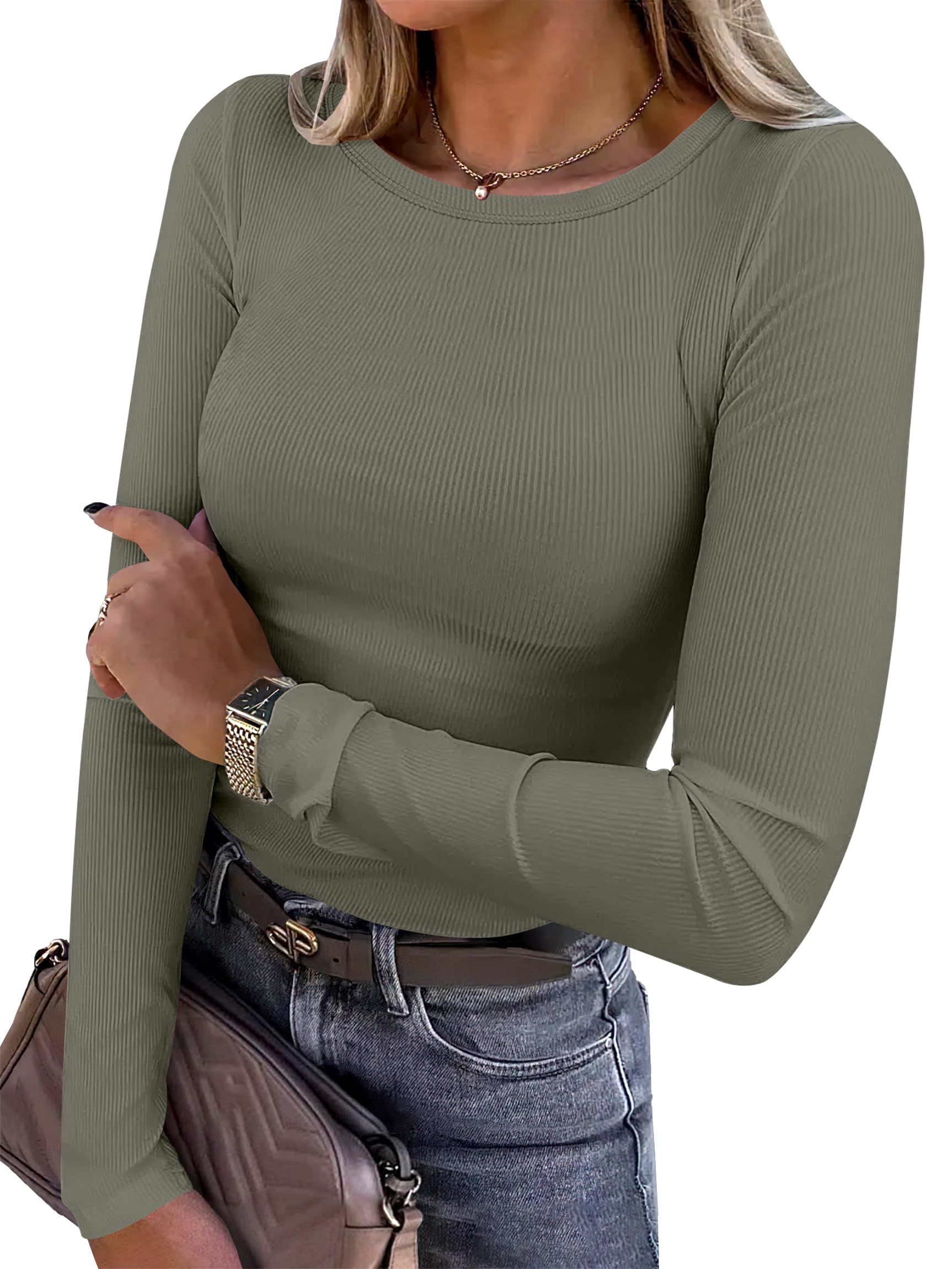 ANRABESS Women Long Sleeve Shirts Rib Knit Slim Fit Tops Basic Tee 2025 Fall Outfits Casual T-Shirt Underscrubs Layer Clothes