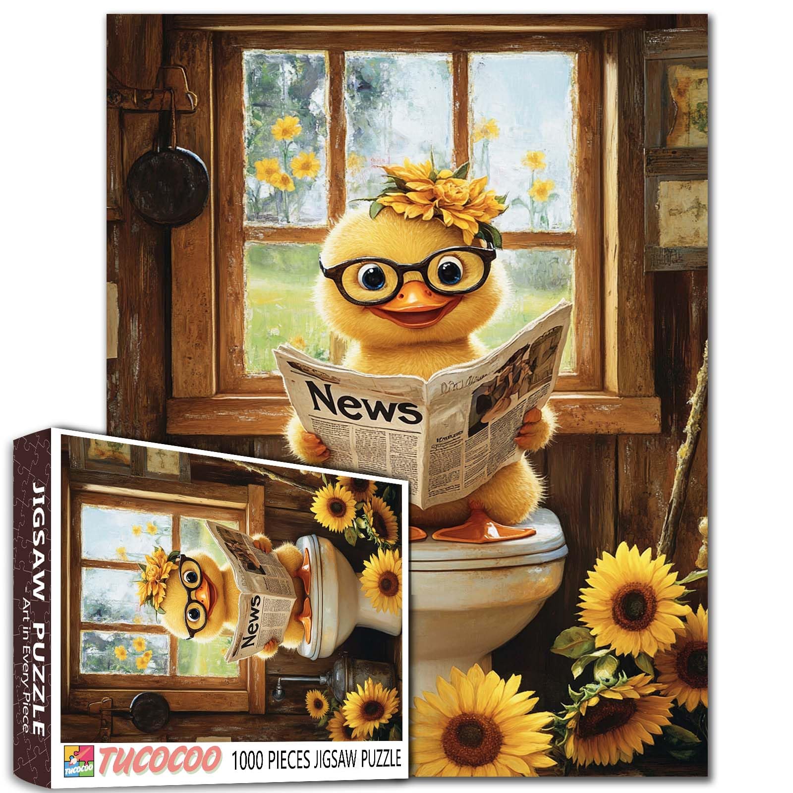 Cute Duck Puzzle 1000 Pieces for Adults Hilarious Bathroom Jigsaw Puzzle with Funny Duck Reading Newspaper on Toilet Humor Puzzles Country Cabin Decor with Sunflowers Gift for Challenging Puzzle