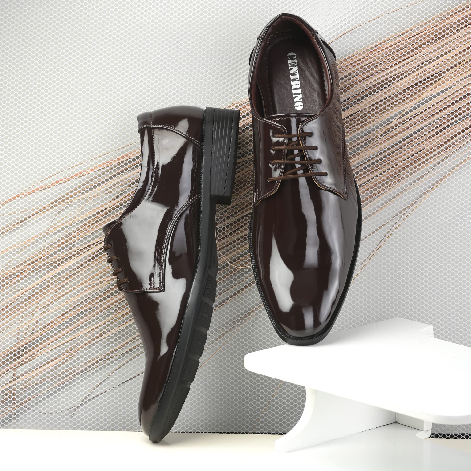 Centrino Formal Shoes for Men | Glossy Lace-Up Derby Dress Shoes | Comfortable Stylish Footwear for Office, Parties & Business Wear | Sleek Classic Design (8233) Brown