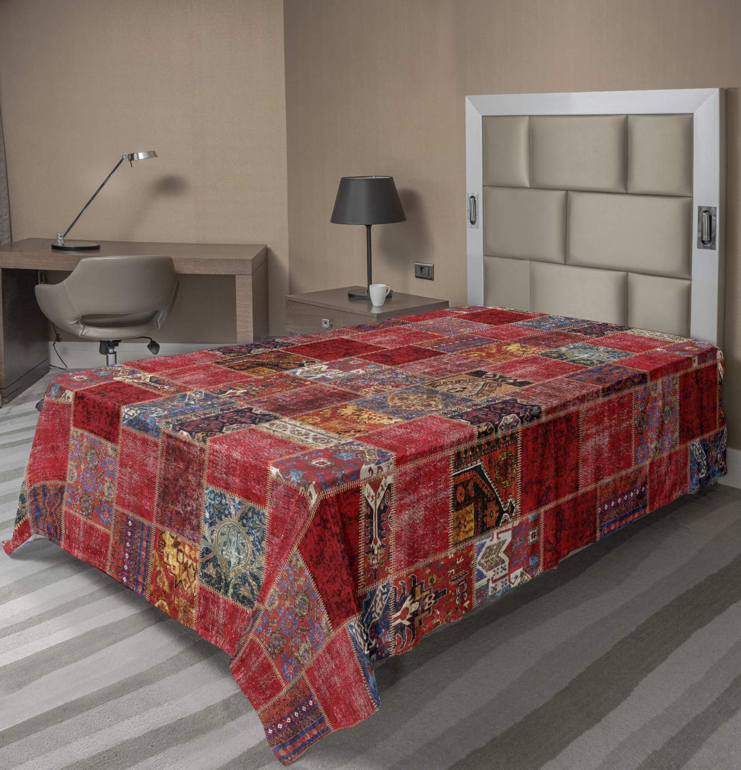 Ambesonne Oriental Flat Sheet, Grunge Warm Toned Pattern with Ornaments, Soft Comfortable Top Sheet Decorative Bedding 1 Piece, Twin Size, Dark Coral Multicolor