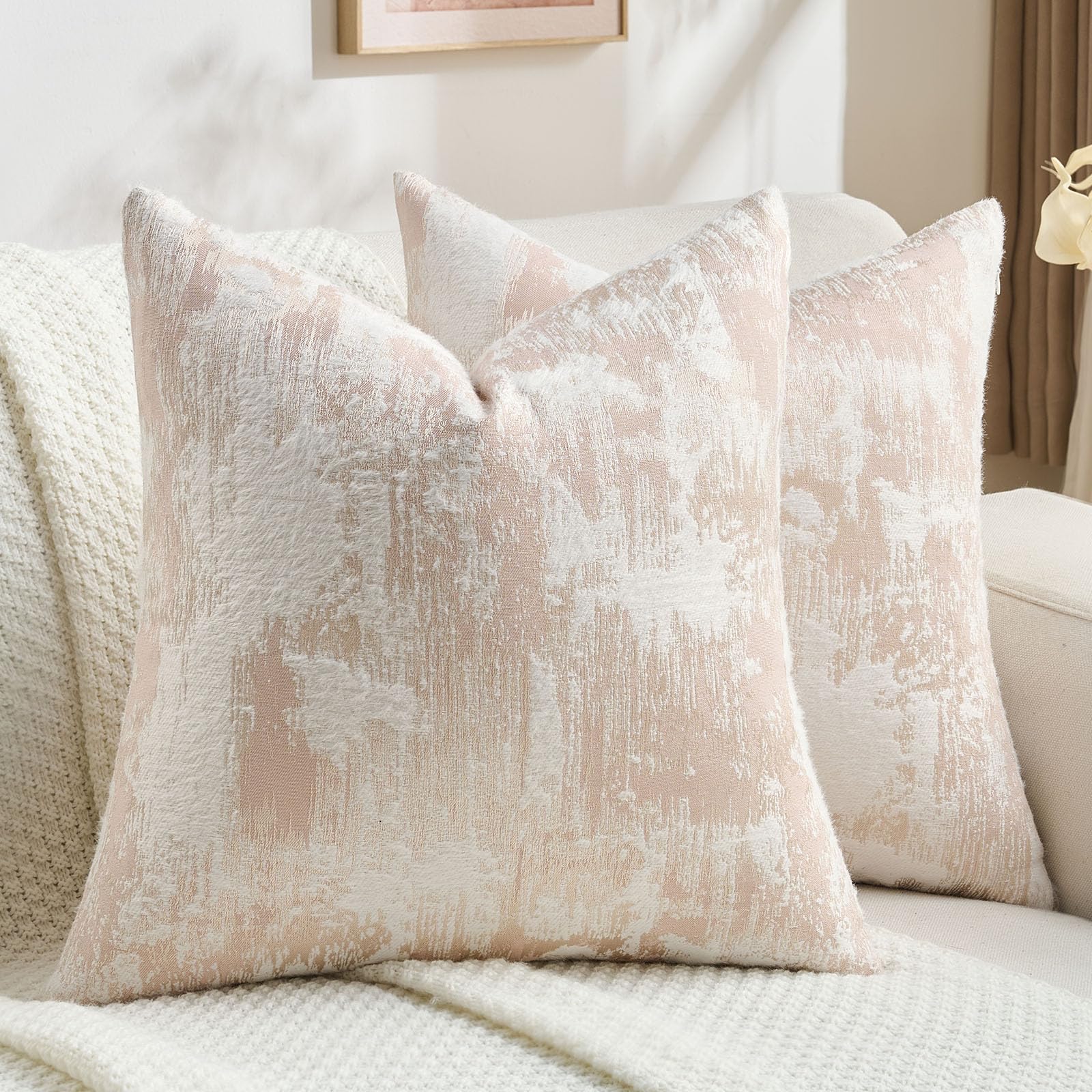 FUTEI Set of 2 Faux Cashmere Jacquard 65x65 cm Cushion Covers Soft Marble Pattern Scatter Pillow Covers 65 x 65 cm Farmhouse Accent for Sofa Bedroom Living Room, Pink White