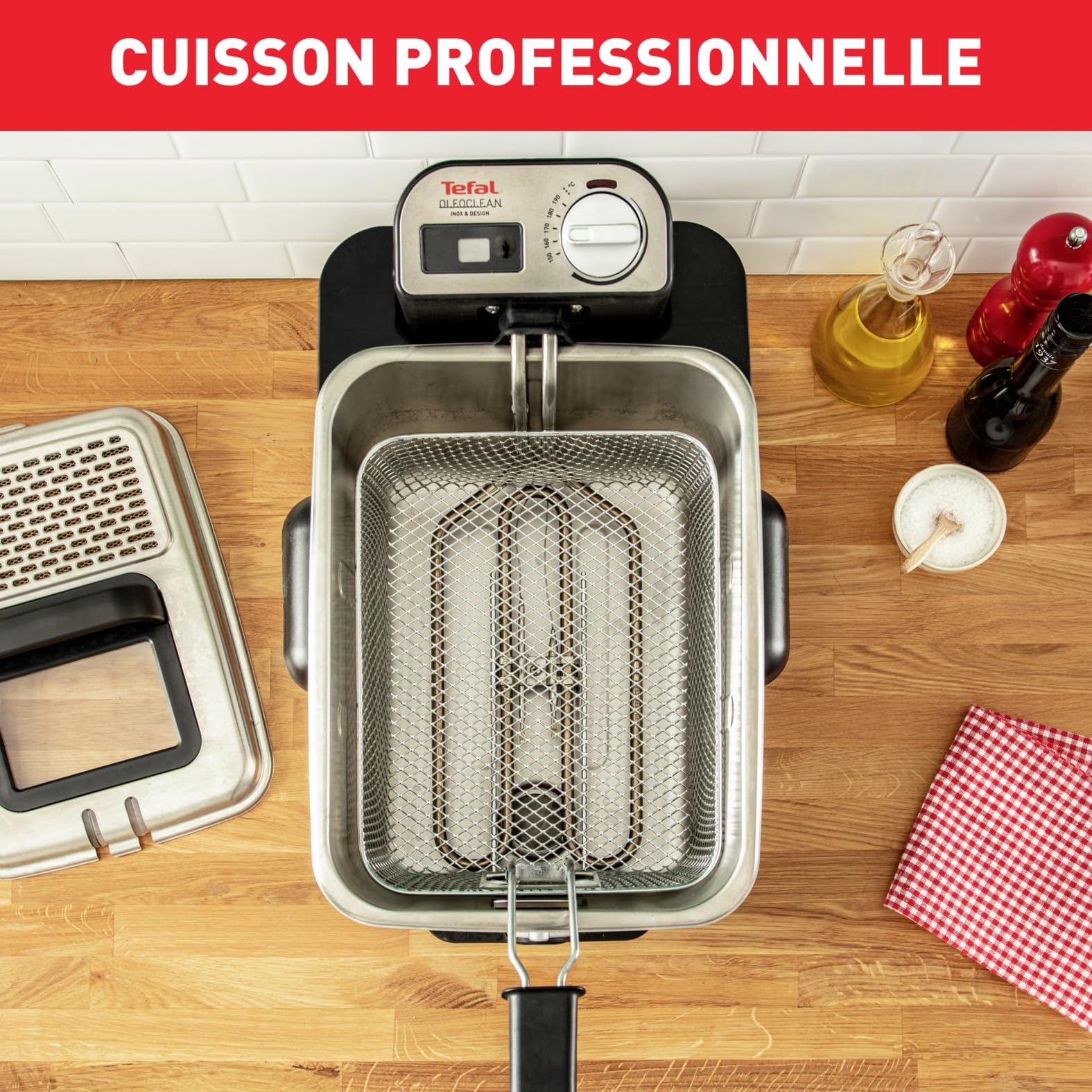 Tefal Oleo Clean Friteuse semi-professionnelle 3,5 L, 2300 W, Jusqu'à 6 pers, Filtration automatique de l'huile, Minuteur digital, Hublot de contrôle, Thermostat, Boite de stockage d'huile FR804015