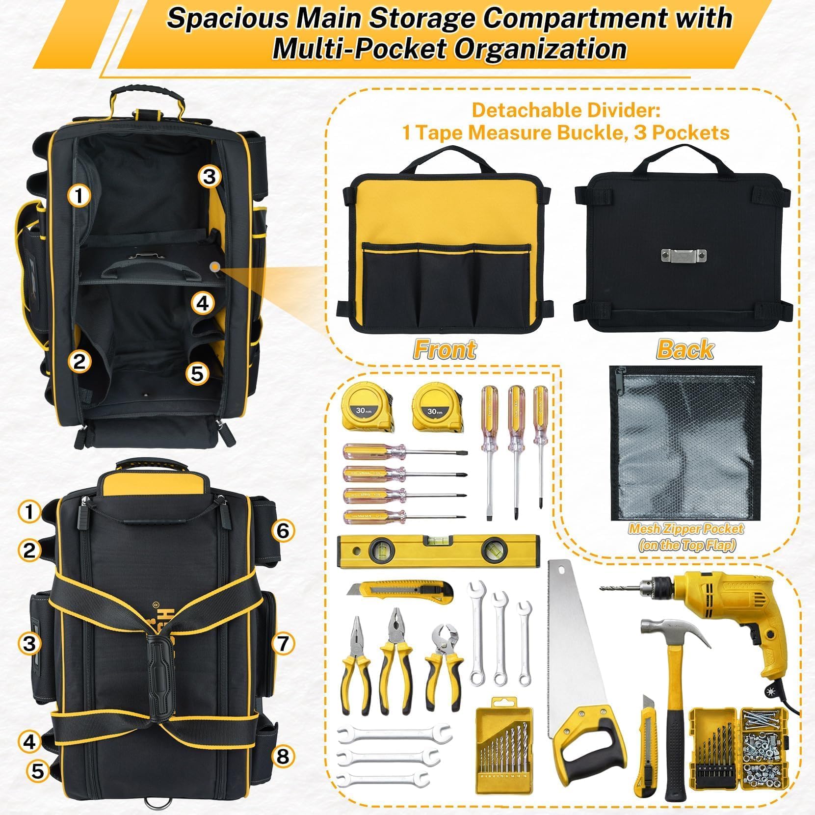 MELOTOUGH Sac à outils à roulettes robuste avec poignée télescopique dissimulée, grande capacité, plusieurs poches pour électricien, CVC, construction, charpentier (jaune)