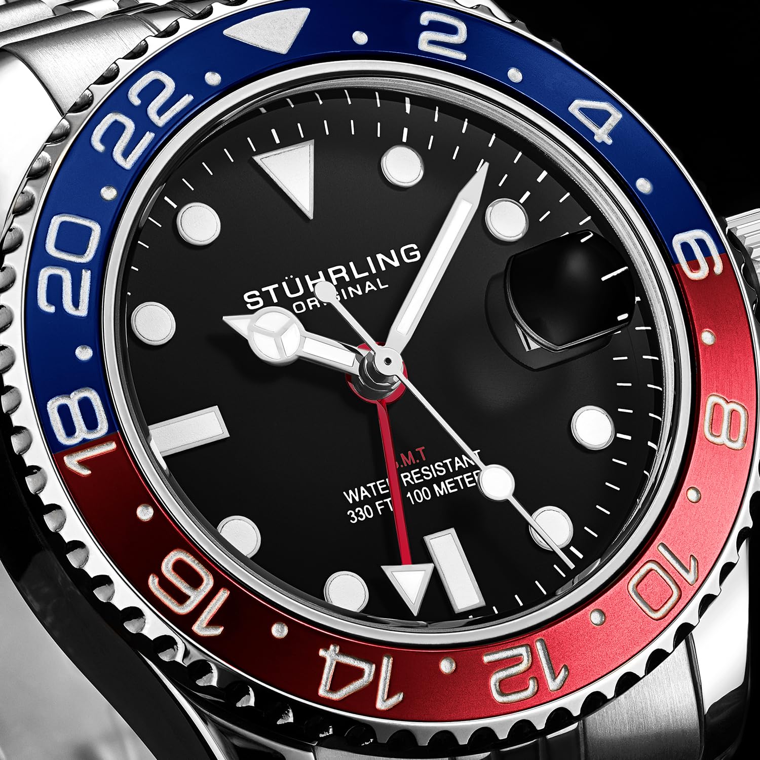 Stuhrling Original Herren-Armbanduhr mit Edelstahl-Jubilee-Armband und GMT-Funktion – 42 mm Quarz-Analog-Armbanduhr für Herren, Quarzuhr, Edelstahlgehäuse, Freizeituhr, wasserdichte Uhr