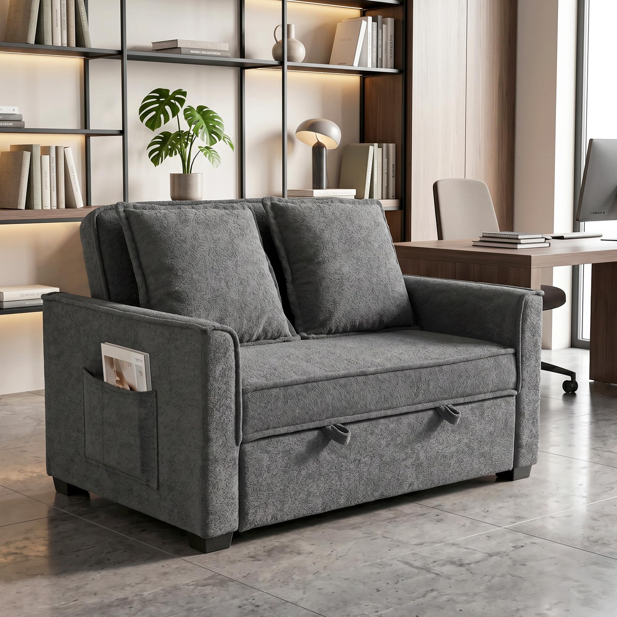 HOMCOM Sofá Cama 2 Plazas 3 en 1 Respaldo Ajustable Gris Oscuro | Sofá Cama Tejido Rizo, 3 Niveles, Bolsillos Laterales, 2 Almohadas con Fundas Extraíbles, Sala de Estar, Espacios Pequeños