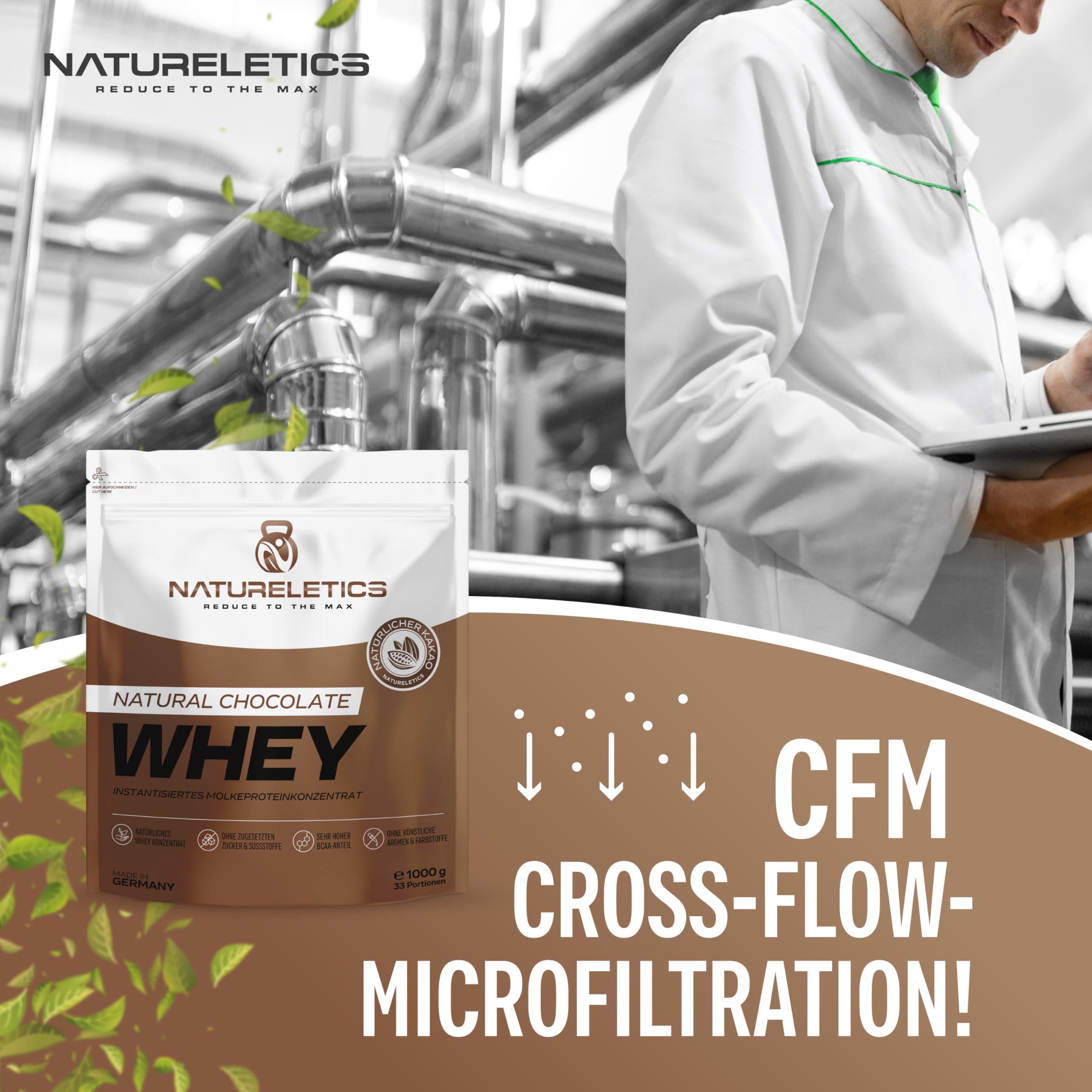 NATURELETICS SCHOKO Whey Protein Ungesüßt ohne Süßstoffe und Zuckerzusatz Natürliches Premium Eiweißpulver, 1kg ohne Aspartam & Sucralose, Low Carb, Hoher BCAA-Anteil, Made in Germany