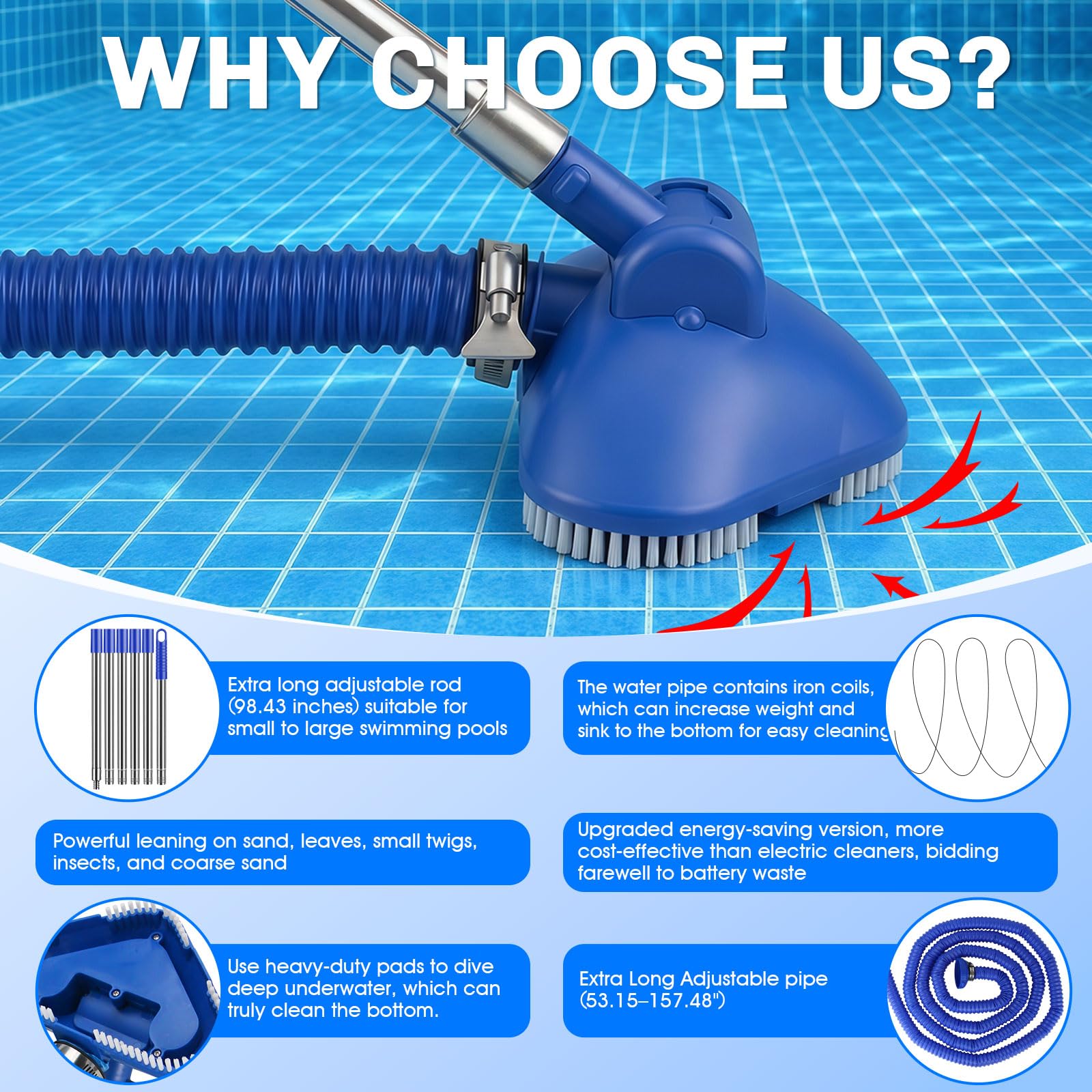 Kit aspirateur de piscine portatif sans fil – alimenté par l'eau, pas besoin de batterie, avec perche télescopique de 2,5 m, nettoyeur portable pour spa, jacuzzi, petite piscine hors sol et réservoir