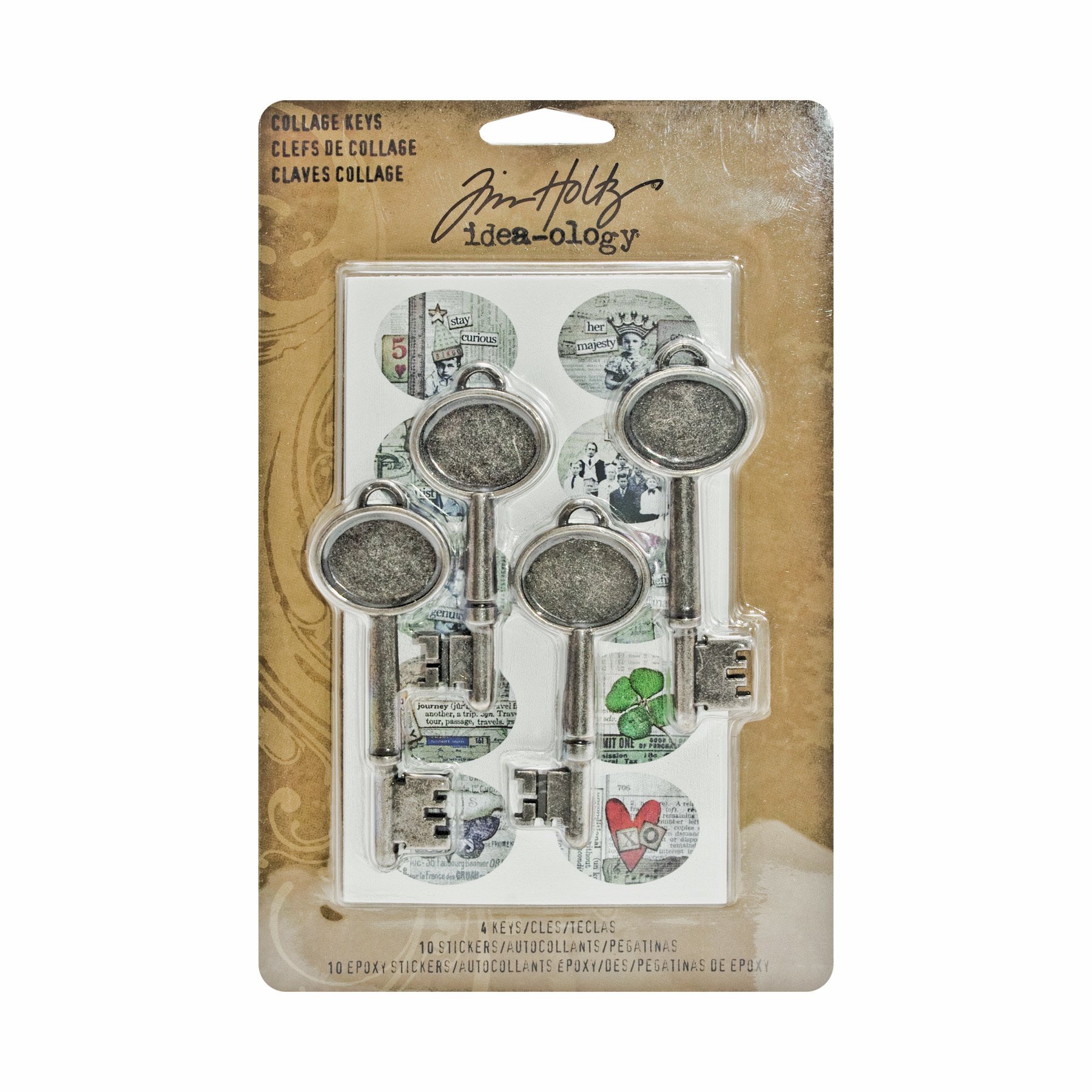 Collage Keys by Tim Holtz Idea-ology, Assorted Sizes, 4 Keys and 20 Stickers, Multicolored, TH93079