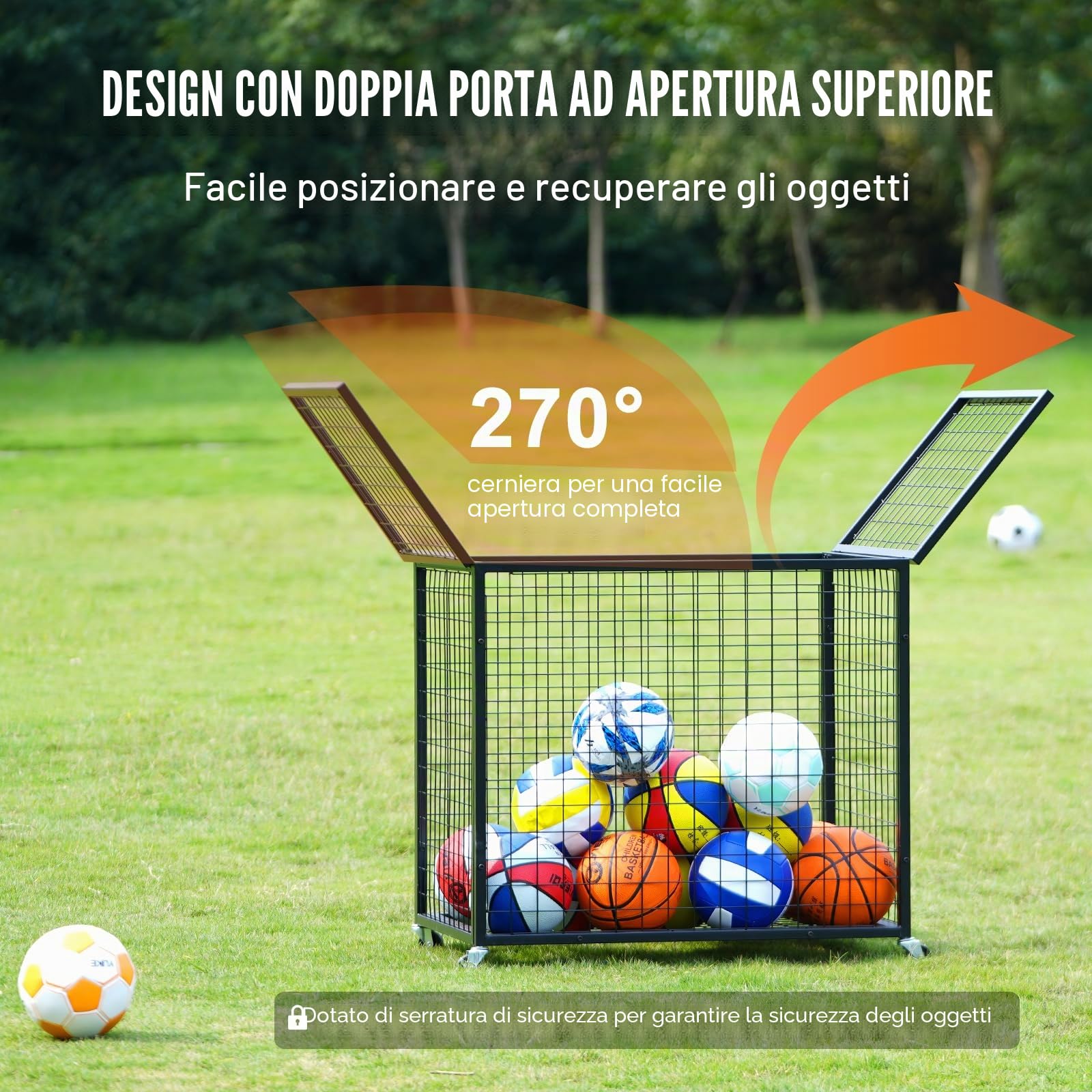 VEVOR Carrello Portaoggetti per Palline Sportive, Gabbia da Basket con Chiusura a Chiave con Doppi Coperchi, Organizzatore Porta Attrezzi Sportivi per Interni ed Esterni, Rastrelliera in Acciaio