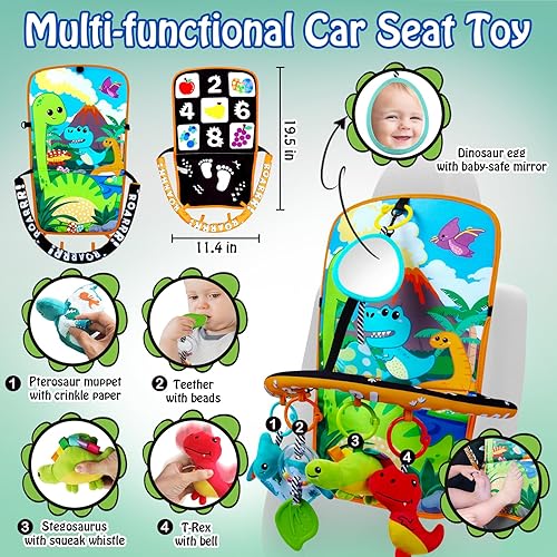 Miniatura 4 de Asiento de automóvil para bebé, juguetes de dinosaurios, juguete de doble cara para asiento de automóvil infantil con juguetes de peluche, espejo,