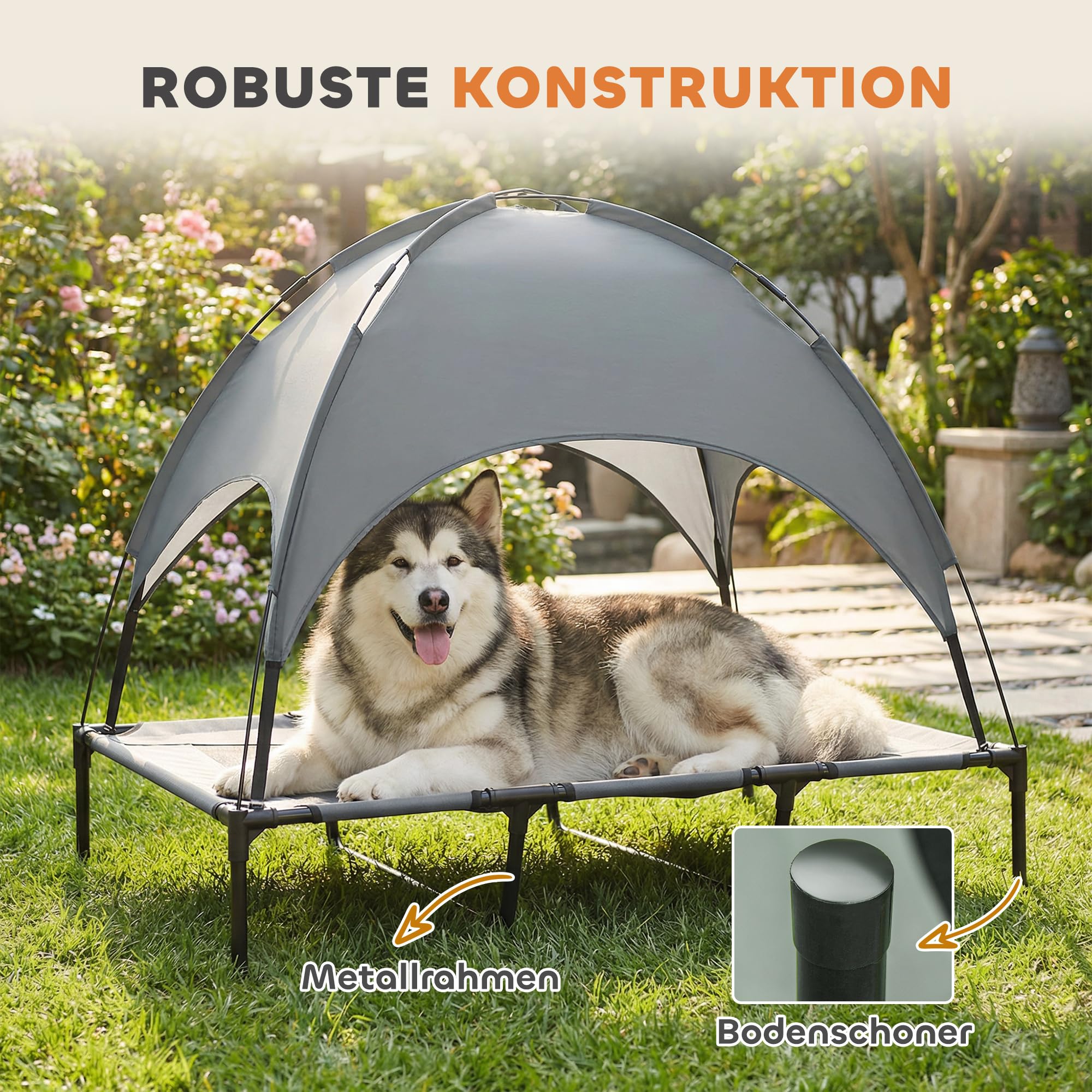 PawHut Erhöhtes Hundebett mit Baldachin, Haustierbett, Hundeliege Outdoor mit Dach, Atmungsaktiv, Taftstoff für Camping Grau 122 x 92 x 108 cm