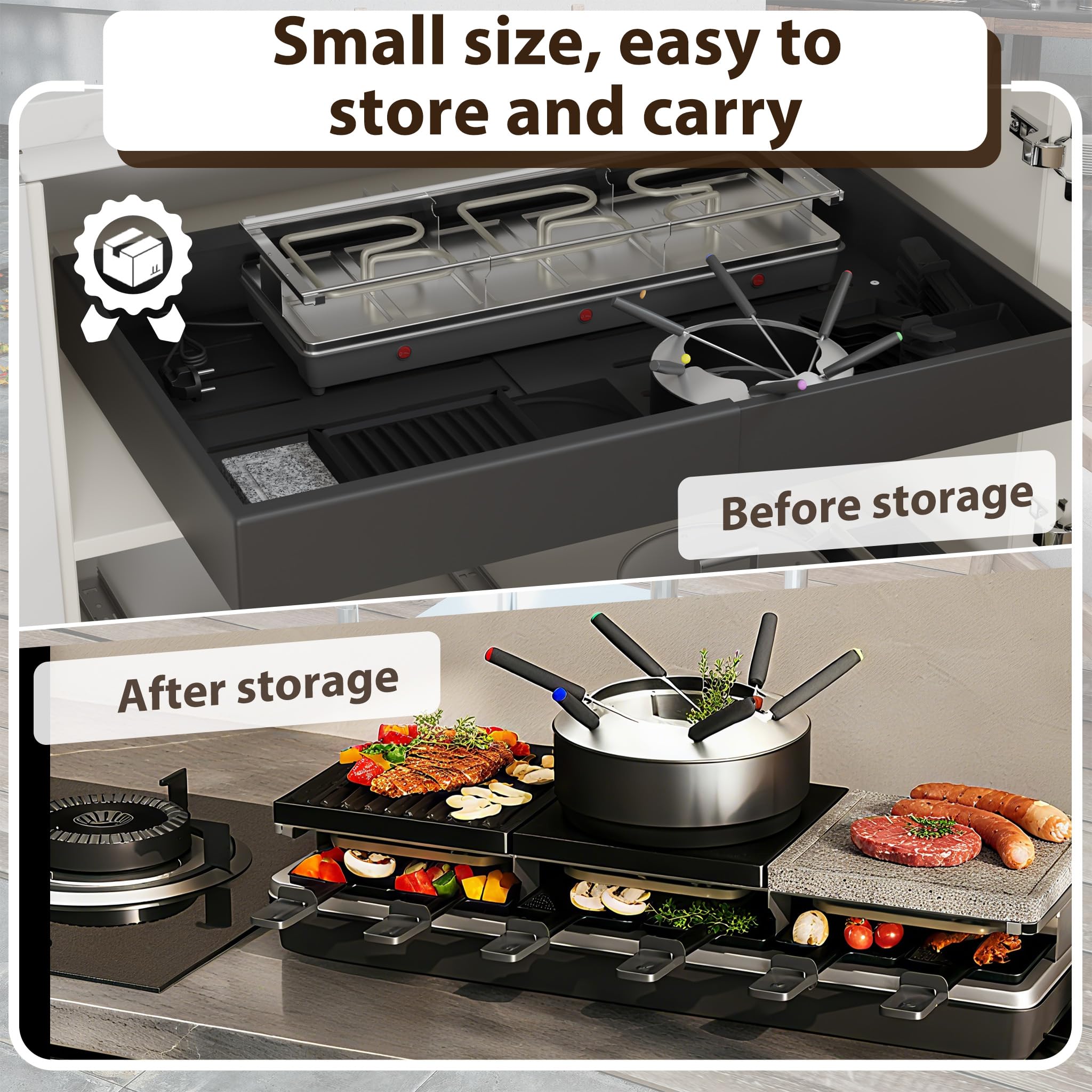 1650W Raclette Grill für 12 Personen Doppelstöckiger Tischgrill inkl. Antihaftbeschichtet, Steinplatte, Klein Tablettes, Holzspateln, Suppentopf & Kabel Edelstahl Elektrogrill für Party Camping
