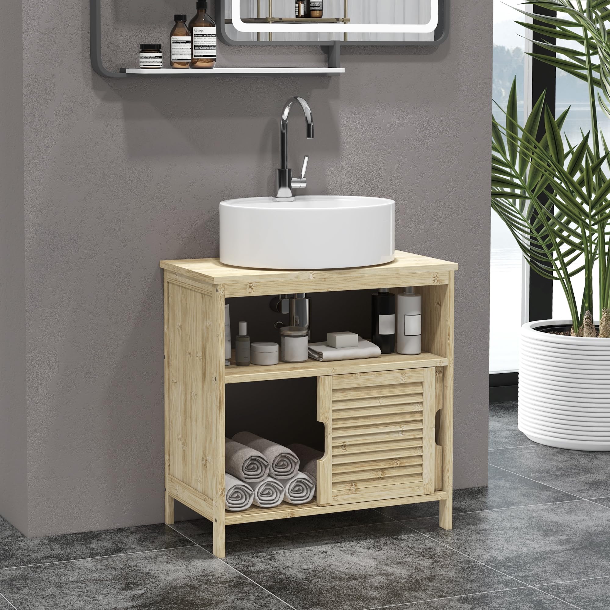 Meuble sous lavabo - HOMCOM - 2 portes coulissantes - fente en forme de U - en bambou pour salle de bain - 60l x 30P x 60H cm - Maison