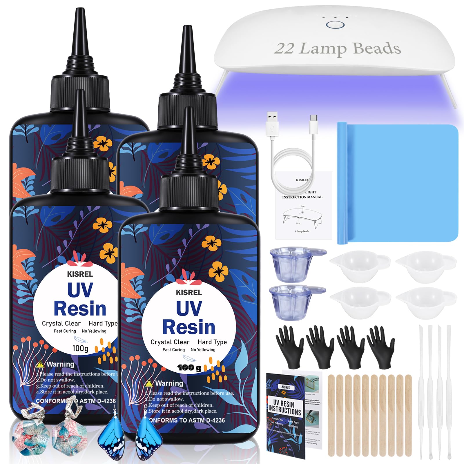 KISREL 400g UVレジン ライト付 UVヘッドランプ 22ビーズ 36W (非バッテリー) 大きめサイズ ライト&アップグレードハードタイプ クリスタルクリア UVレジンキット クラフト&ジュエリー製作用