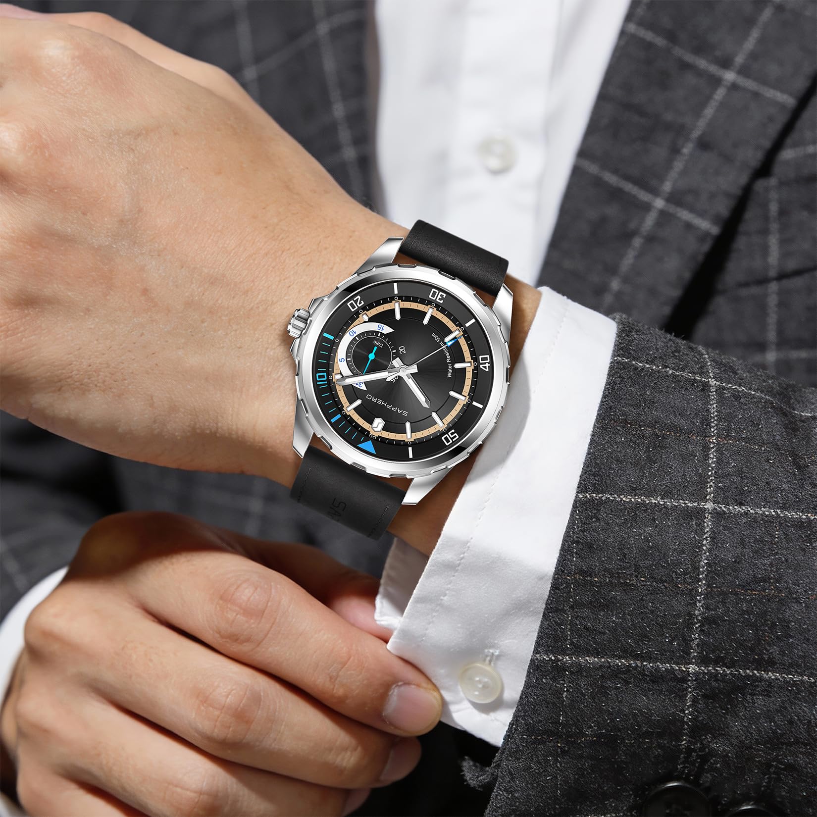 SAPPHERO Orologio analogico al quarzo da uomo, quadrante con datario e numeri arabi, impermeabile 50 m, luminoso, stile business e sportivo, cinturino in acciaio inox e pelle, elegante regalo per lui