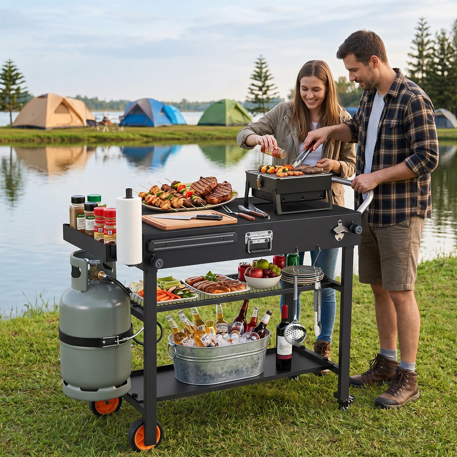 COSTWAY Grill na kółkach, stół do grillowania, składany, metalowy wózek do
