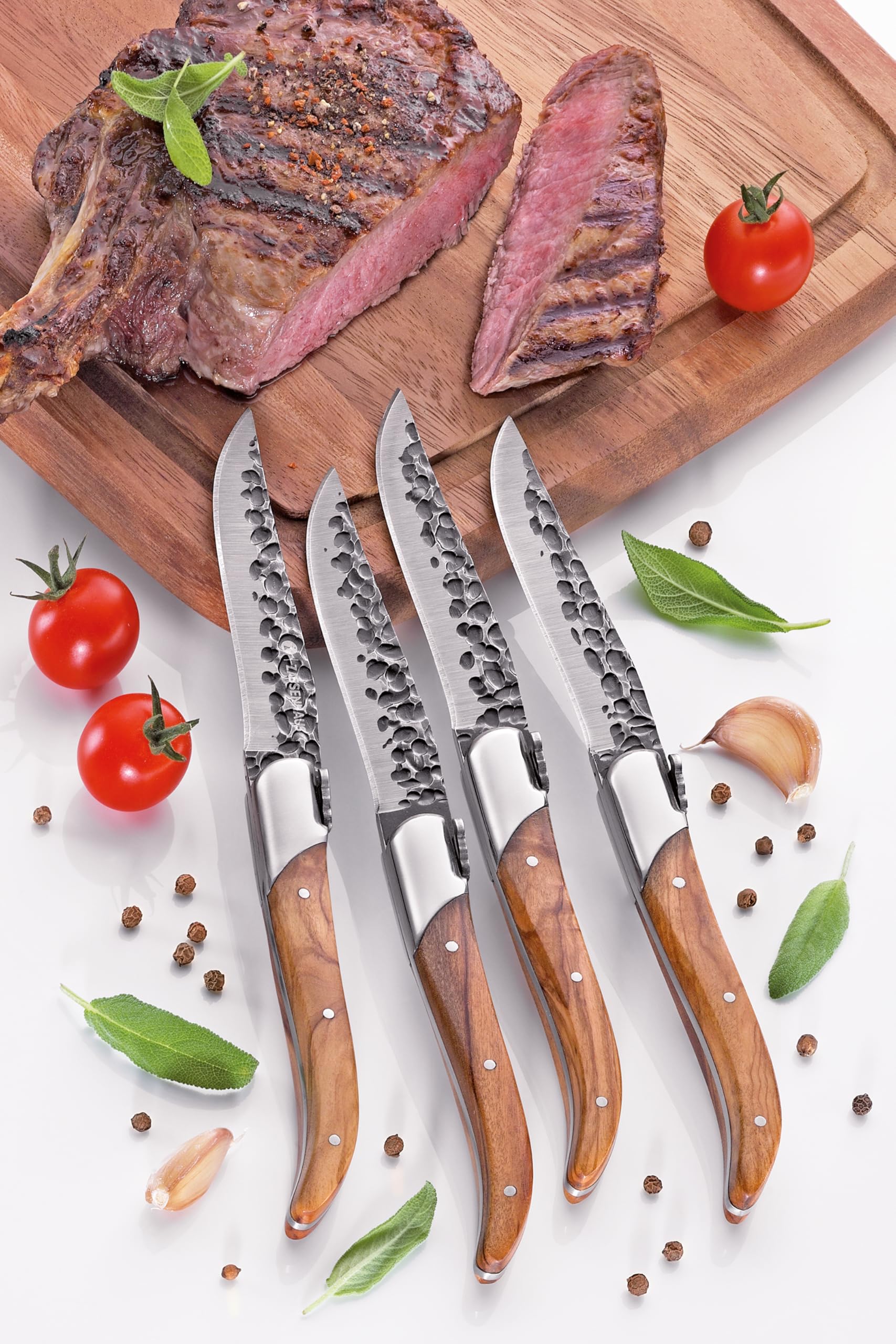 Zassenhaus Steakmesser BULL 4er-Set mit Olivenholzgriffen, handgefertigte Messer mit rostfreier Edelstahlklinge, 22 cm, mit Bullen-Emblem, inkl. Holz-Geschenkbox und Poliertuch