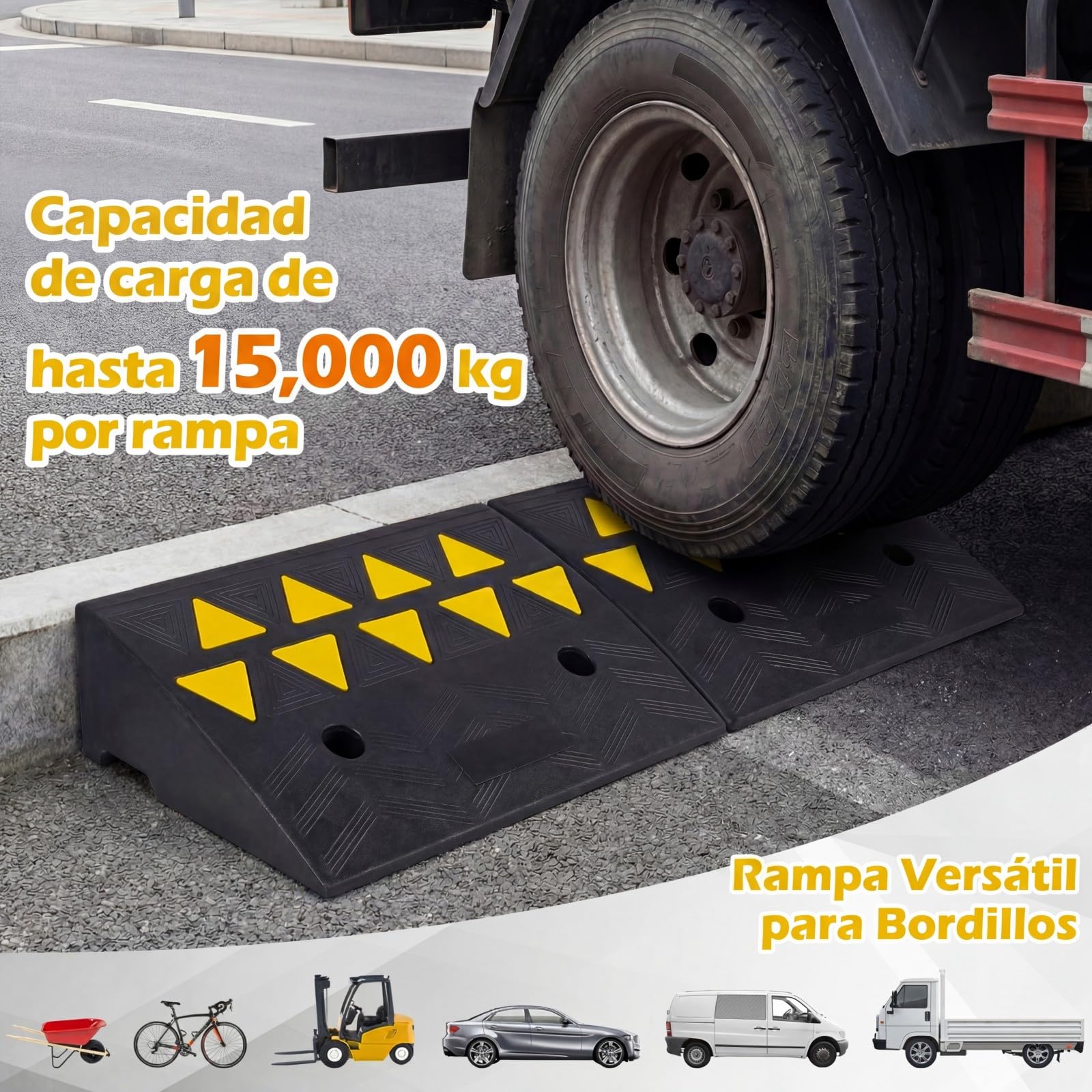 COSTWAY Juego de 2 Rampas para Coche, Rampas de Goma para Silla de Reudas con Marcas Amarillas Luminosas, Bordillos Antideslizantes para Calzadas, Aceras, Motos, Carga de 15 T (48 x 33 x 13 cm)
