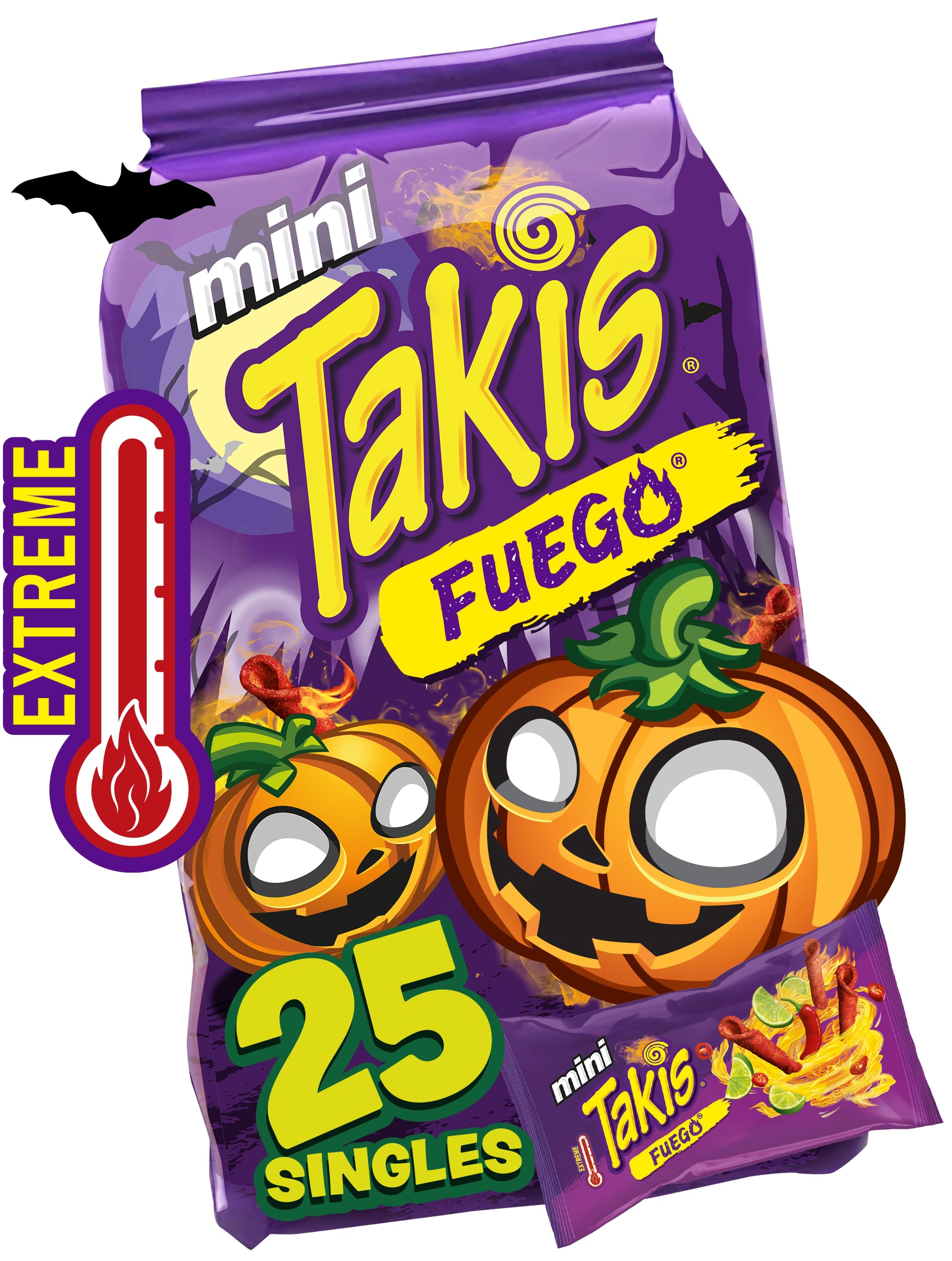 TakisFuego Mini 25 pc / 1.23 oz Bite Size Multipack, Hot Chili Pepper & Lime Flavored Extreme Spicy Rolled Tortilla Chips