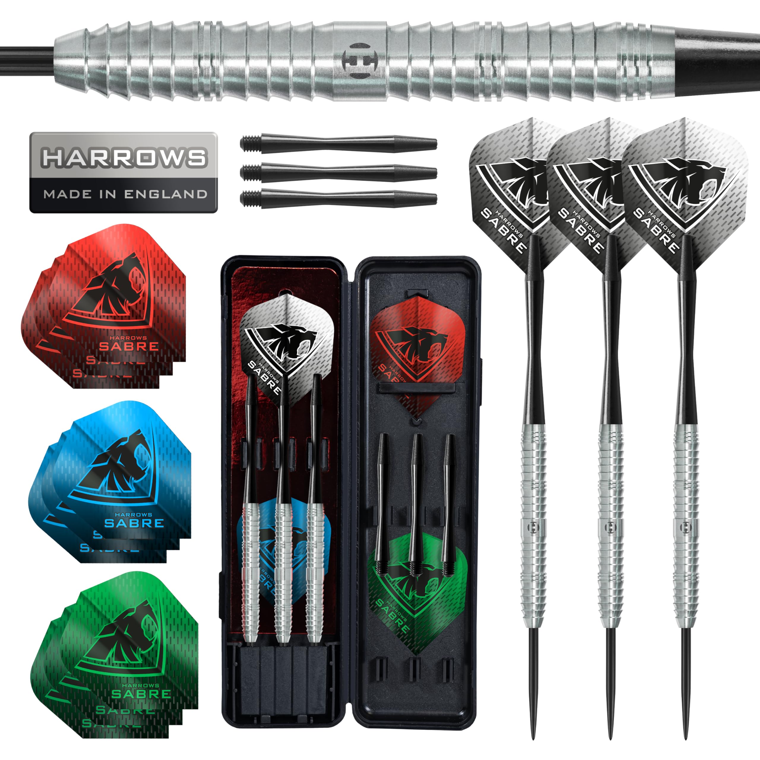 Sabre 90% Tungsten Steel Tip Darts Set – Professional Precision 21g to 26g | 23pc Bundle with Spare Shafts, Marathon Flights & Travel Case | Pro Player Tested, Tournament Quality