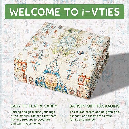 Miniatura 8 de i-VTIES Alfombra lavable a máquina de 8 x 10 pies con alfombra vintage antideslizante para sala de estar, alfombra de pelo bajo con estampado floral