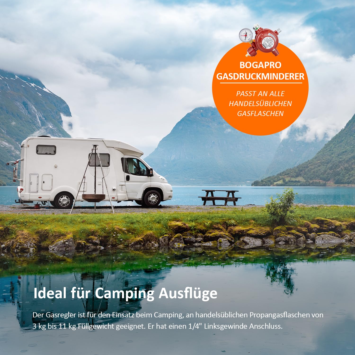 Haushaltsregler und Lecksuchspray 400ml, Gasregler für Gas Grill, Betriebsdruck 50 mbar mit SBS inkl. Spray zur Lecksuche bei Dichtheits- und Gasdruckprüfungen, inkl. Polybeutel