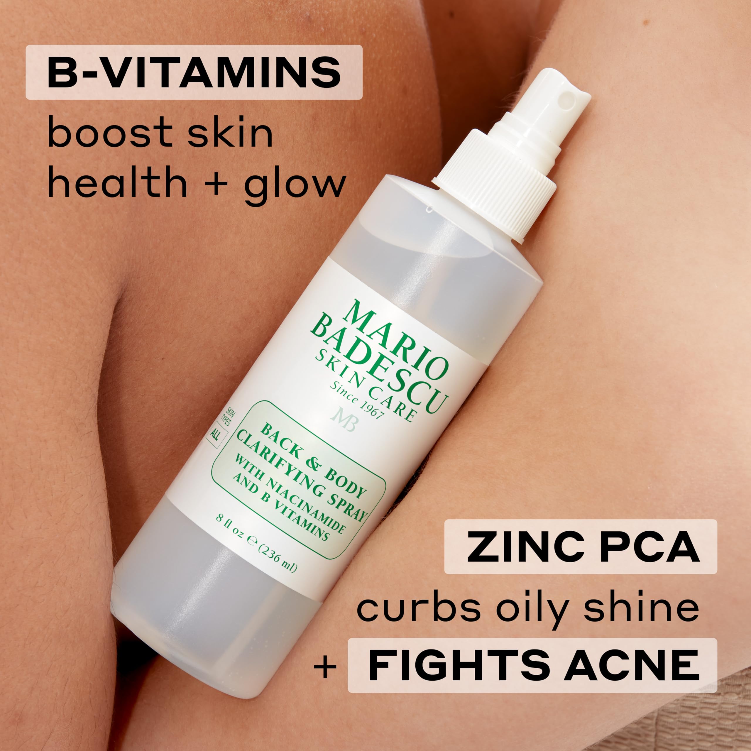 Mario Badescu Back & Body Clarifying Spray – Targets Stubborn Back-Acne and Backne, Rejuvenates Skin with Niacinamide, Zinc-PCA & B Vitamins – Soothes Irritation, Strengthens Skin Barrier, 8 Fl oz