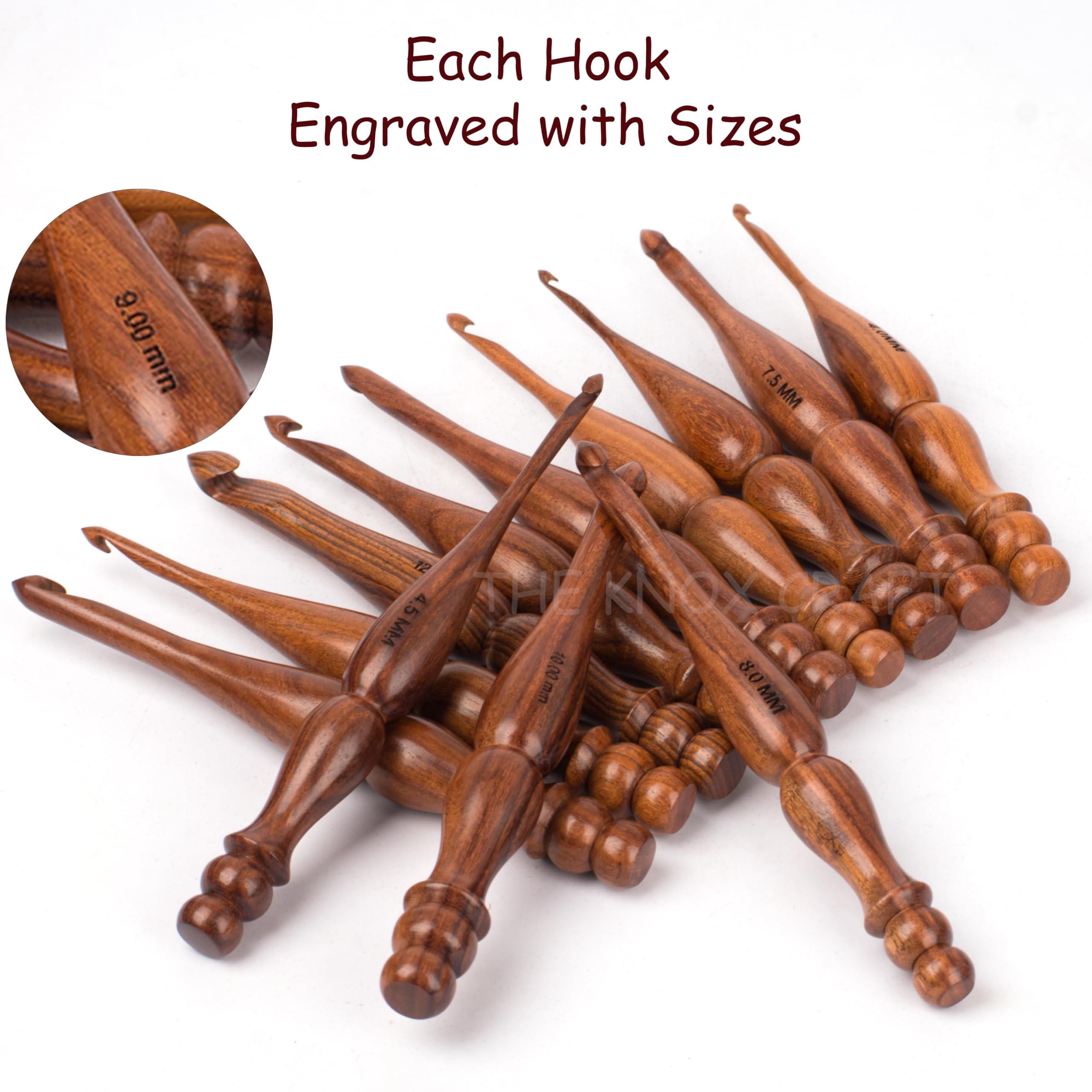 THE KNOX CRAFT - Ganchos de ganchillo de madera, juego de 13 (3,5 mm a 12 mm), gancho de ganchillo para hilo de ganchillo, gancho ergonómico para manos artríticas, regalo de punto para ella