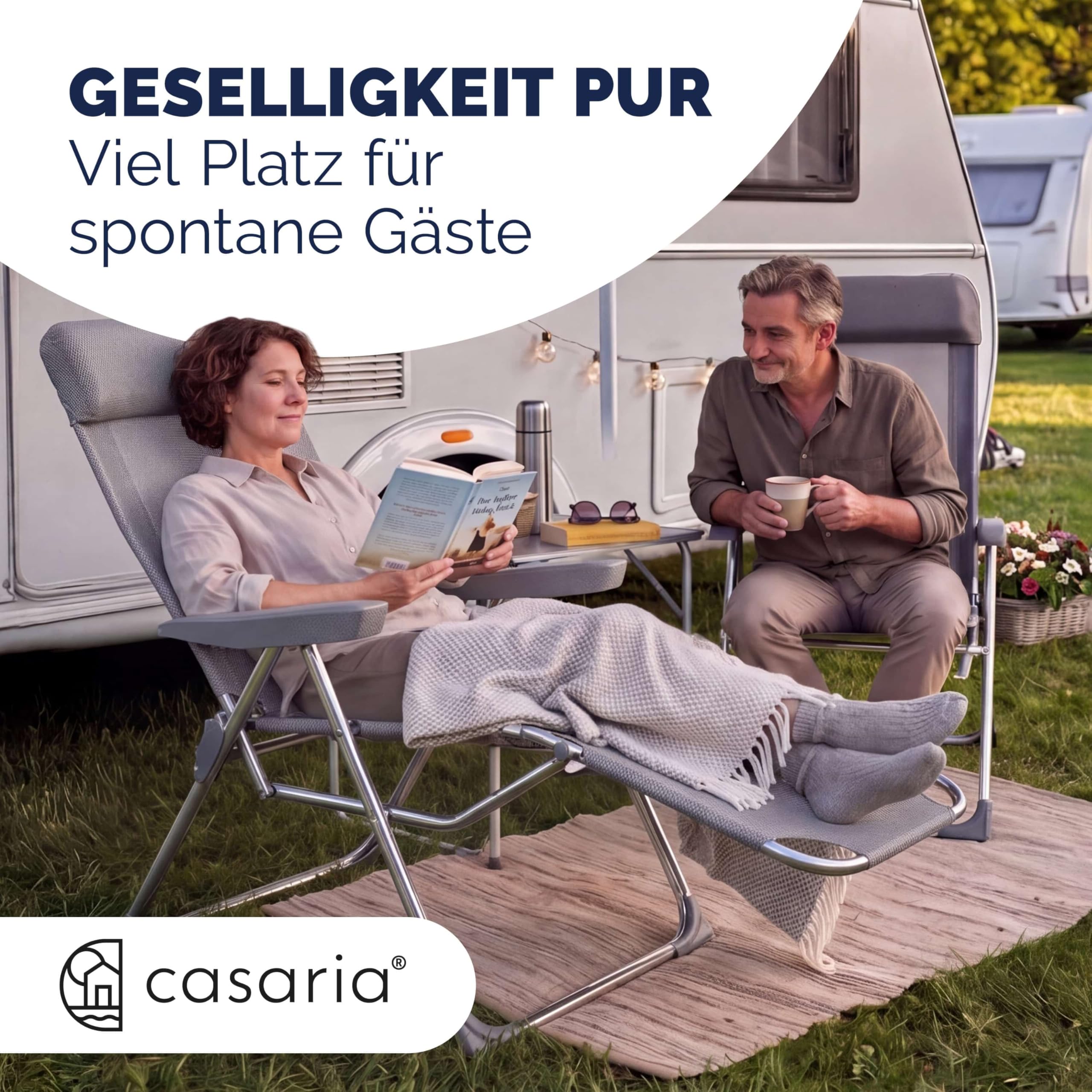 Casaria® Gartenstuhl mit Fußteil 2er Set 6fach Verstellbar Liegefunktion Alu Faltbar Klappbar Hohe Rückenlehne Campingstuhl Klappstuhl Hochlehner Grau