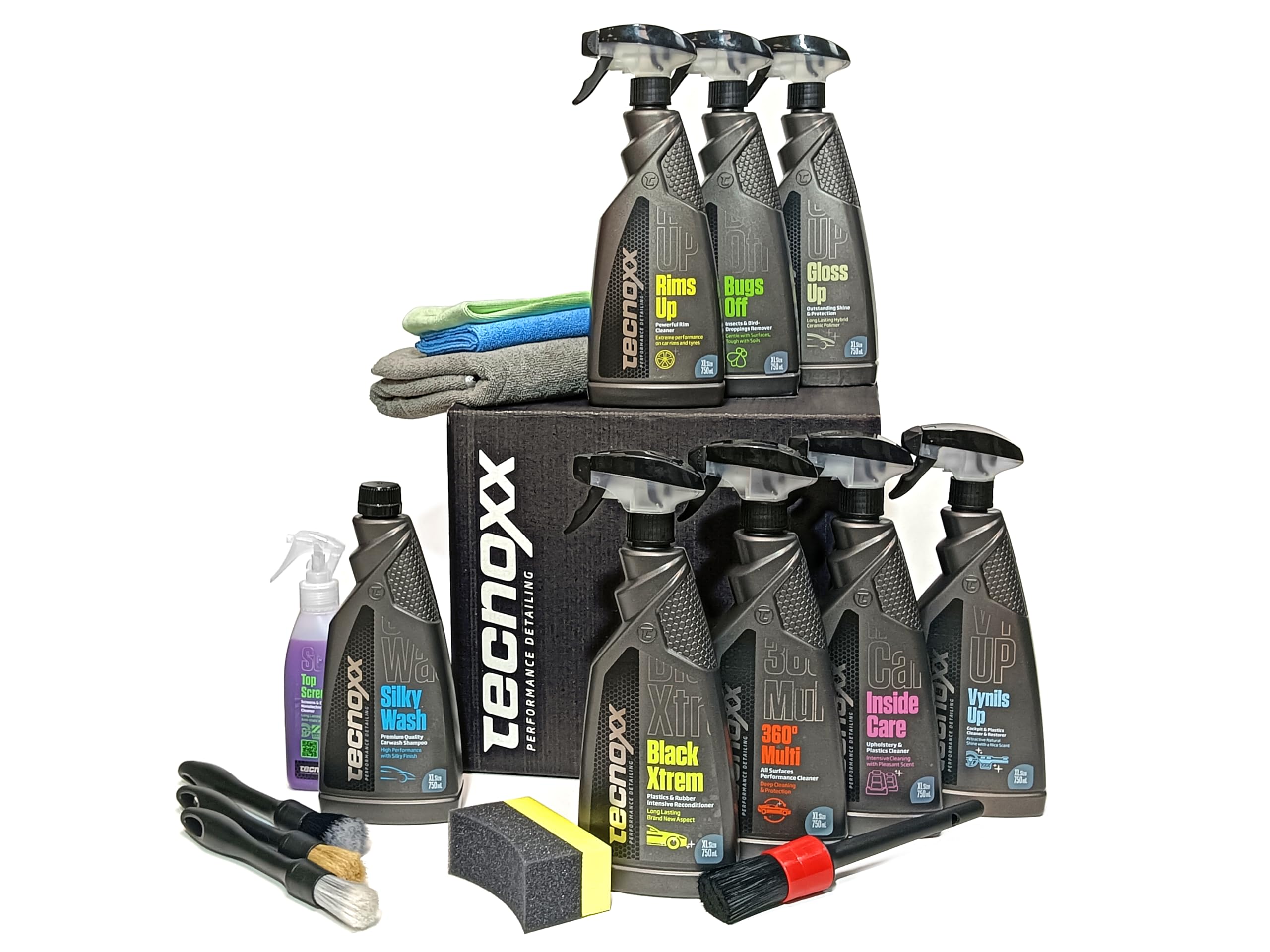 Tecnoxx - Kit Full Detailing PRO Set Completo 9 Prodotti per la Pulizia e la Manutenzione Interna ed Esterna delle Auto Include Lucidante Pulitore Cerchi Schizzi Rivestimenti Interni Insetti e Altro