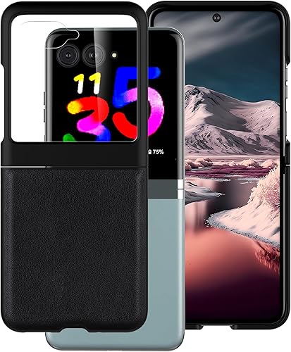 Miniatura 3 de Funda para Motorola Razr Plus 2023 (Razr+ 2023) con protector de pantalla - Funda de cuero genuino para Moto Razr+ 2023 - Negro