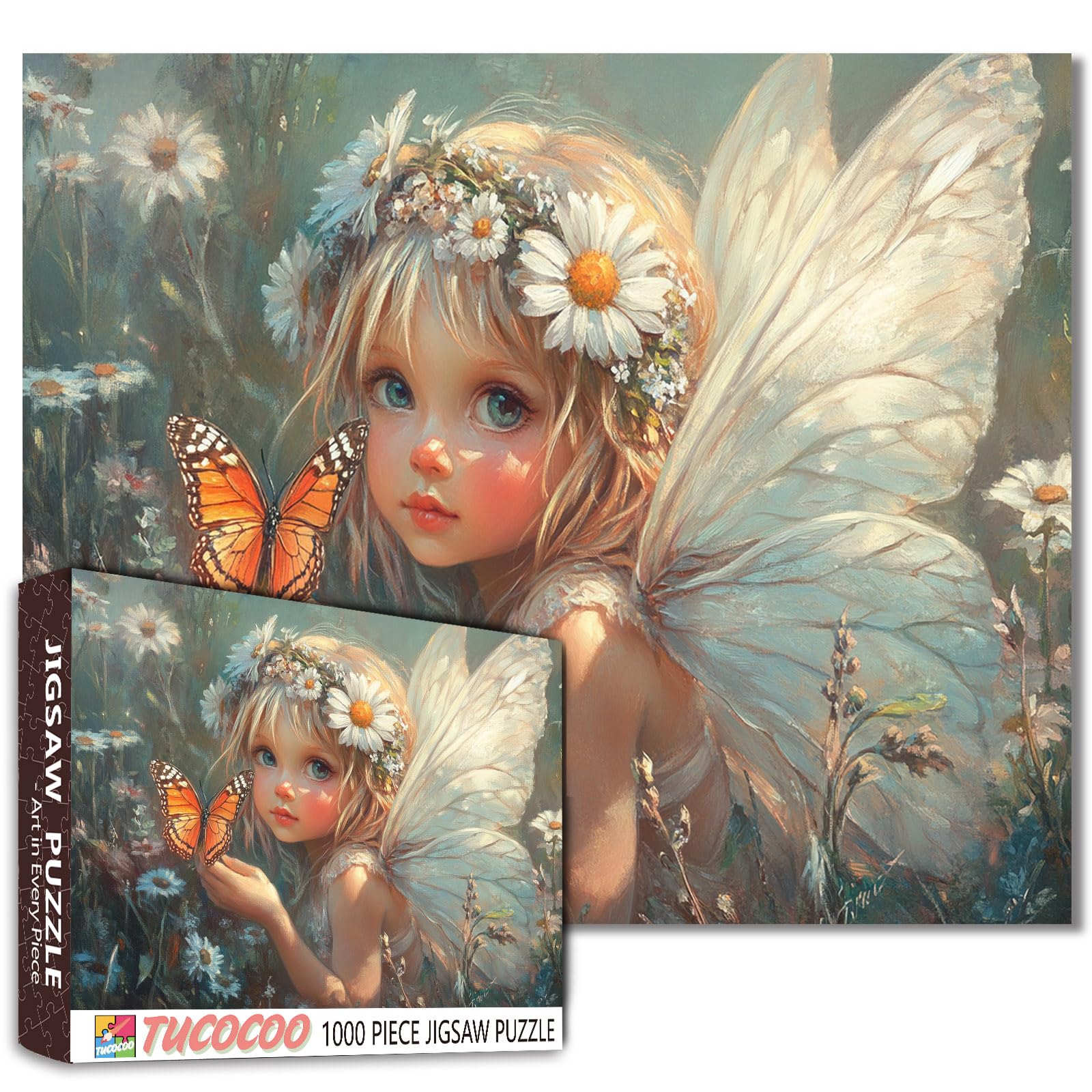 Little Girl Angel Jigsaw Puzzles for Adults White Daisy 1000 Pieces Jigsaw Puzzle Butterfly Wings Painting Jigsaw Puzzle 20 x 27 Inch Colorful Puzzles for Home Decoration Perfect for Game Nights โ image 1
