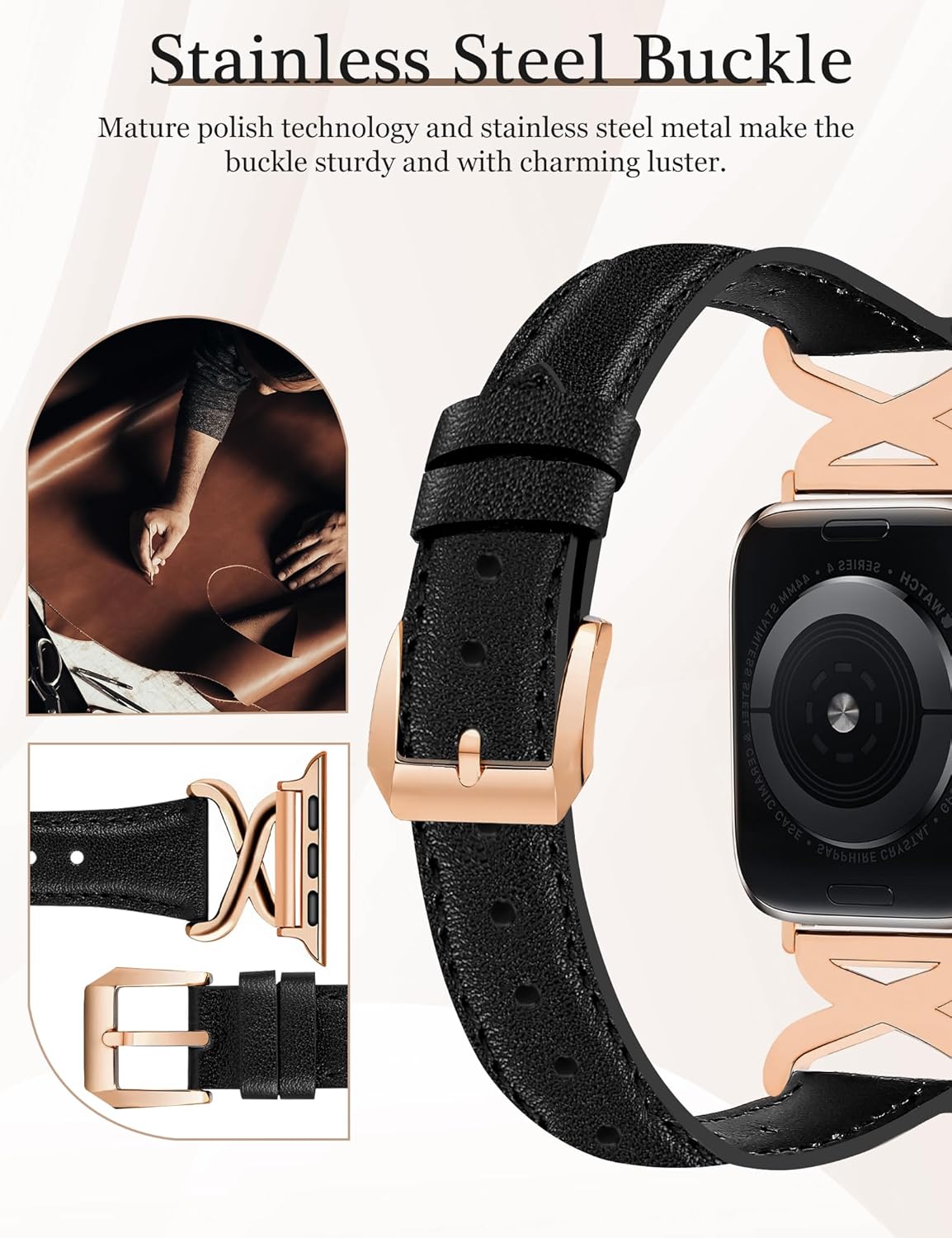 JR.DM Leather Bands Women Compatible with Apple Watch 40mm 38mm 44mm 45mm 41mm 42mm 46mm 49mm Dressy Designer Strap with X-Shaped Metal Crown for iWatch Series Ultra/SE/11/10/9/8/7/6/5/4/3/2/1 Black - Image 4