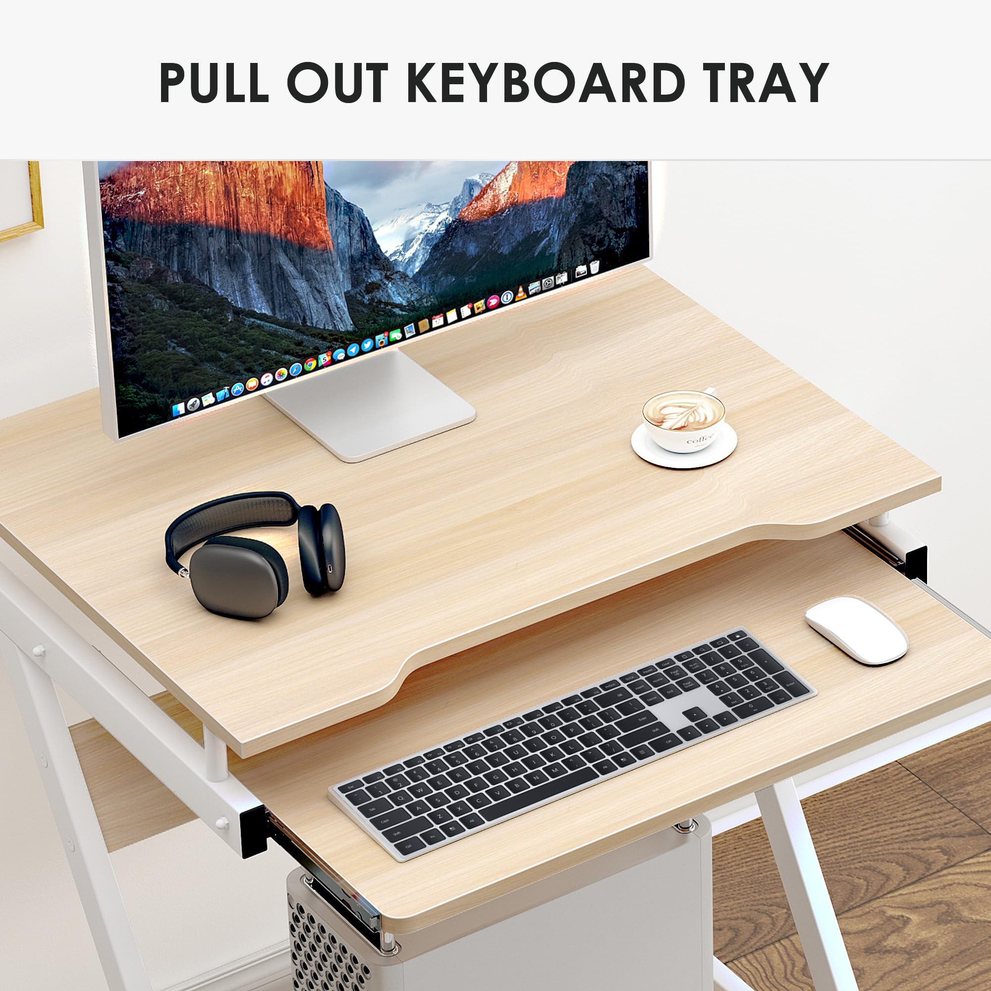 soges Bureau Informatique avec roulettes Bureau Mobile Table Roulante Table d’Ordinateur avec Plateau Clavier Coulissant pour Maison et Bureau Érable Blanc