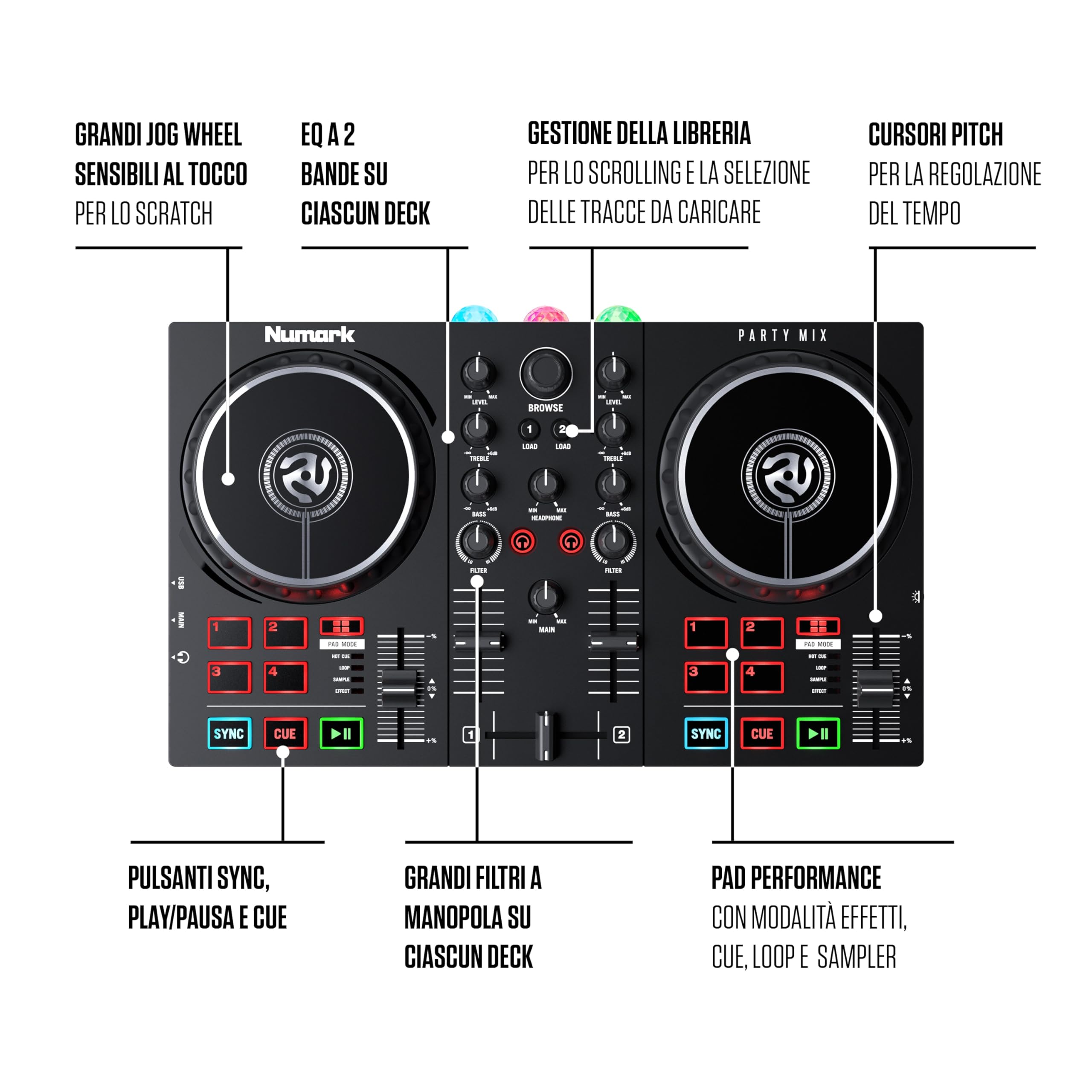 Numark Party Mix II + HF 125 - Console DJ, Set da DJ per Principianti con Luci Discoteca e Mixer Audio per Serato DJ Lite + Cuffie DJ con Filo e Serato DJ Lite