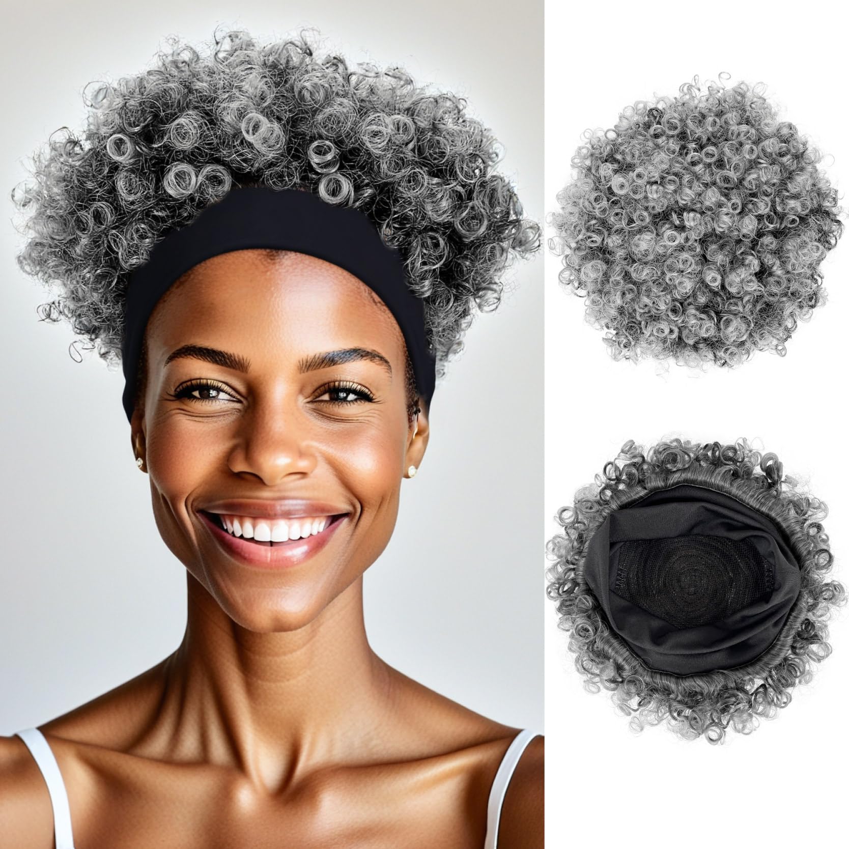 Allyreetress Afro Headband Wig Gray Short Afro Kinky Curly Wigs for Black Women Glueless Afro Wigs with headbands attached Synthetic with 2 Clips(TB1/