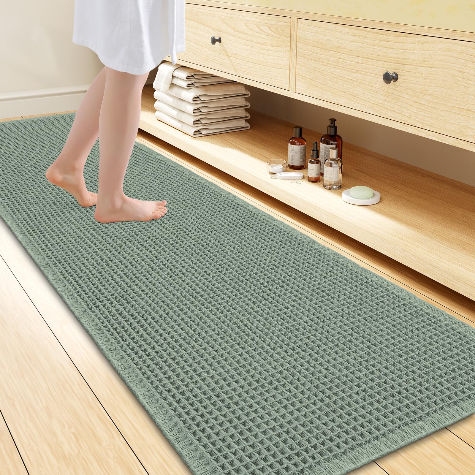 Smiry Waffle Bath Mat 72X24, Extra Soft Absorbent Bathroom Rugs, Sage Green