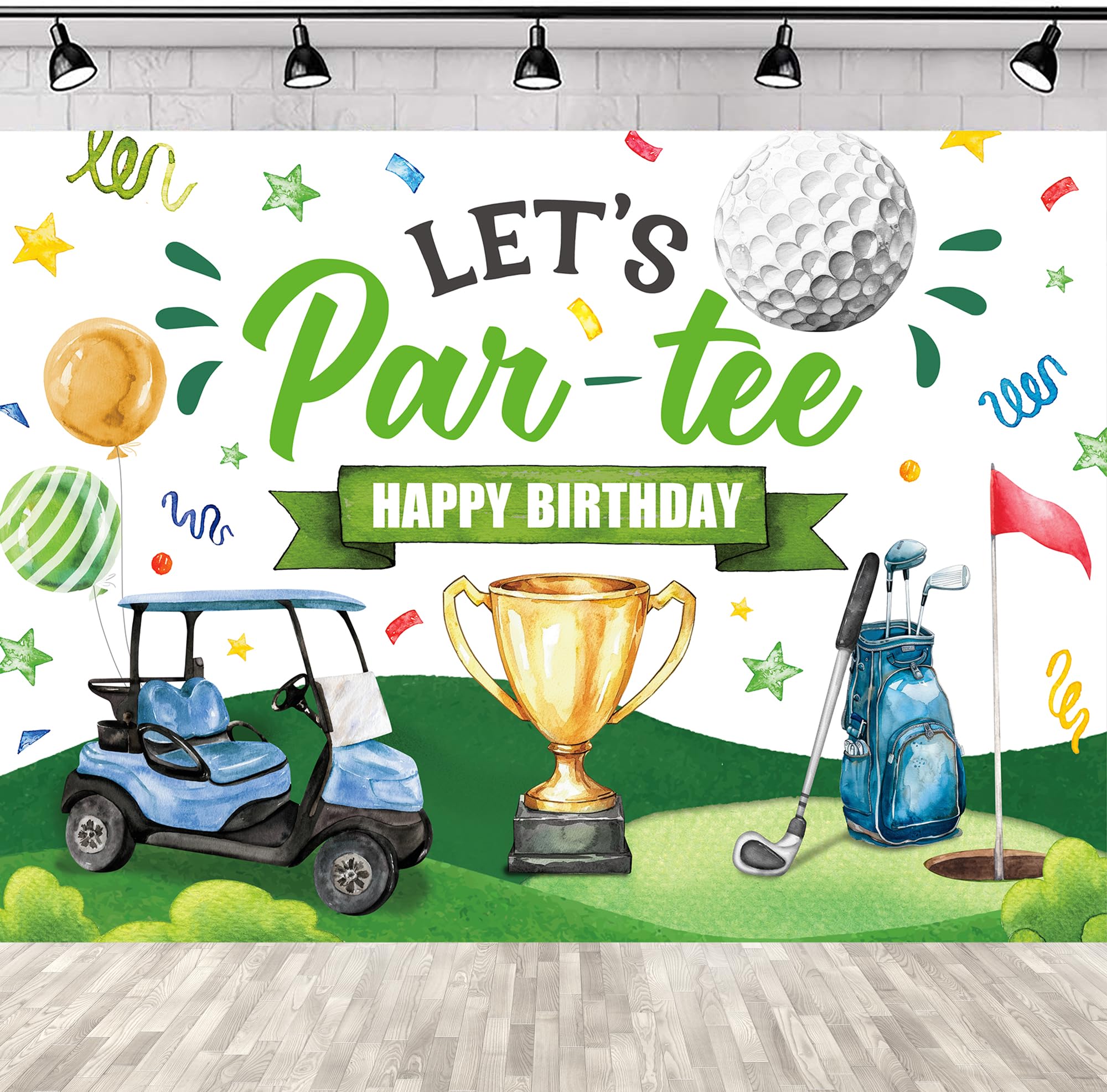 SVBright Golf Let's Party Backdrop 7Wx5H Kids Birthday Boys Sports Theme Green Funny Cartoon Cute Balloons Children Toddler Decorations Birthday Party