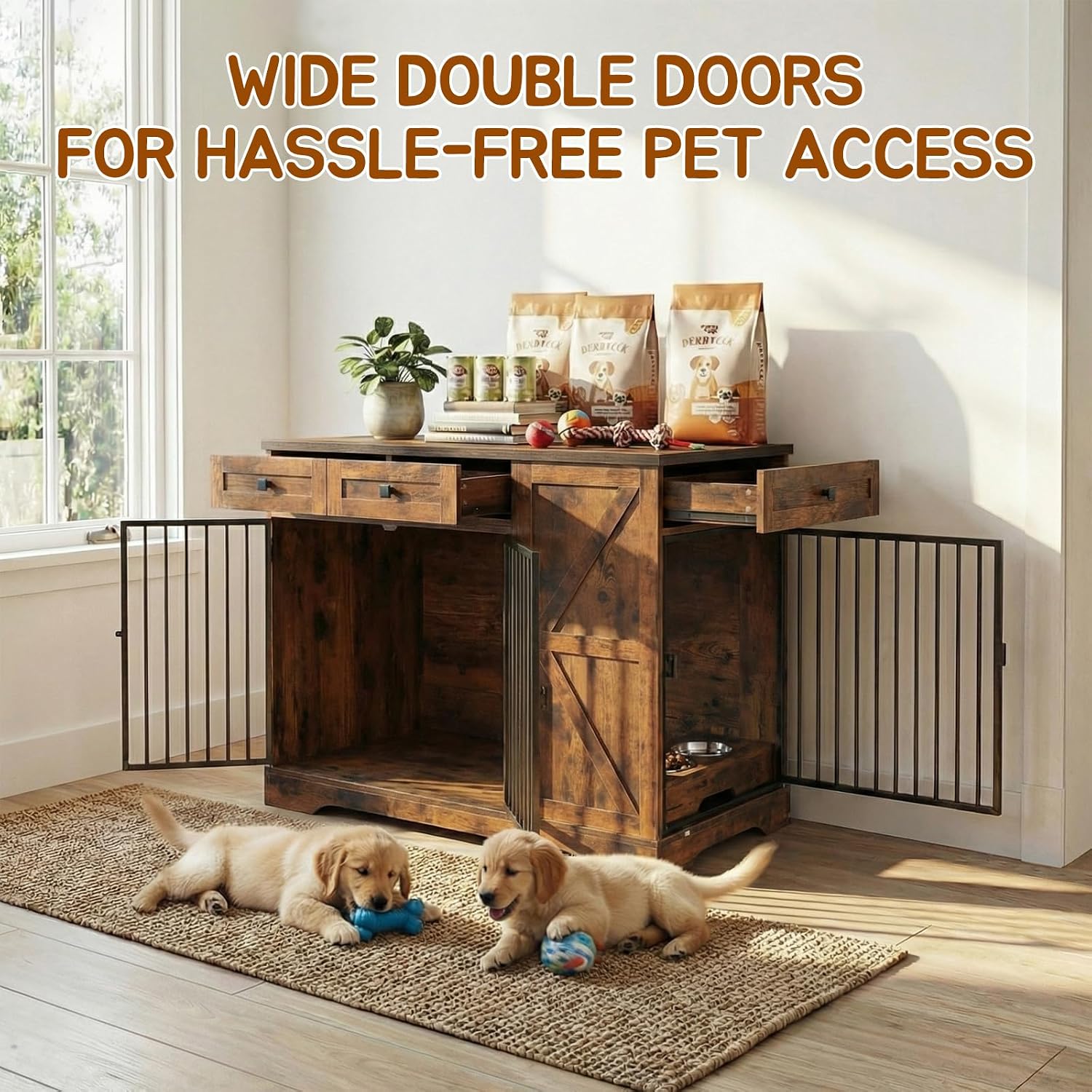 Large Dog Crate Furniture with Storage, Indoor Dog Kennel with 3 Drawers & 2 Feeding Bowls, Furniture Style Wooden Dog Crates for Large/Medium Dogs