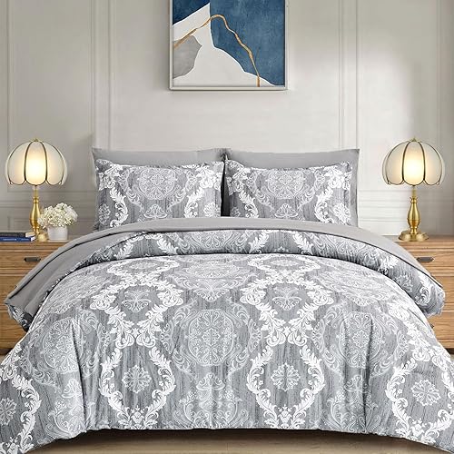 WONGS BEDDING Juego de edredón gris tamaño Queen, textura de damasco, 7 piezas, ropa de cama gris en una bolsa, juego de sábanas de microfibra