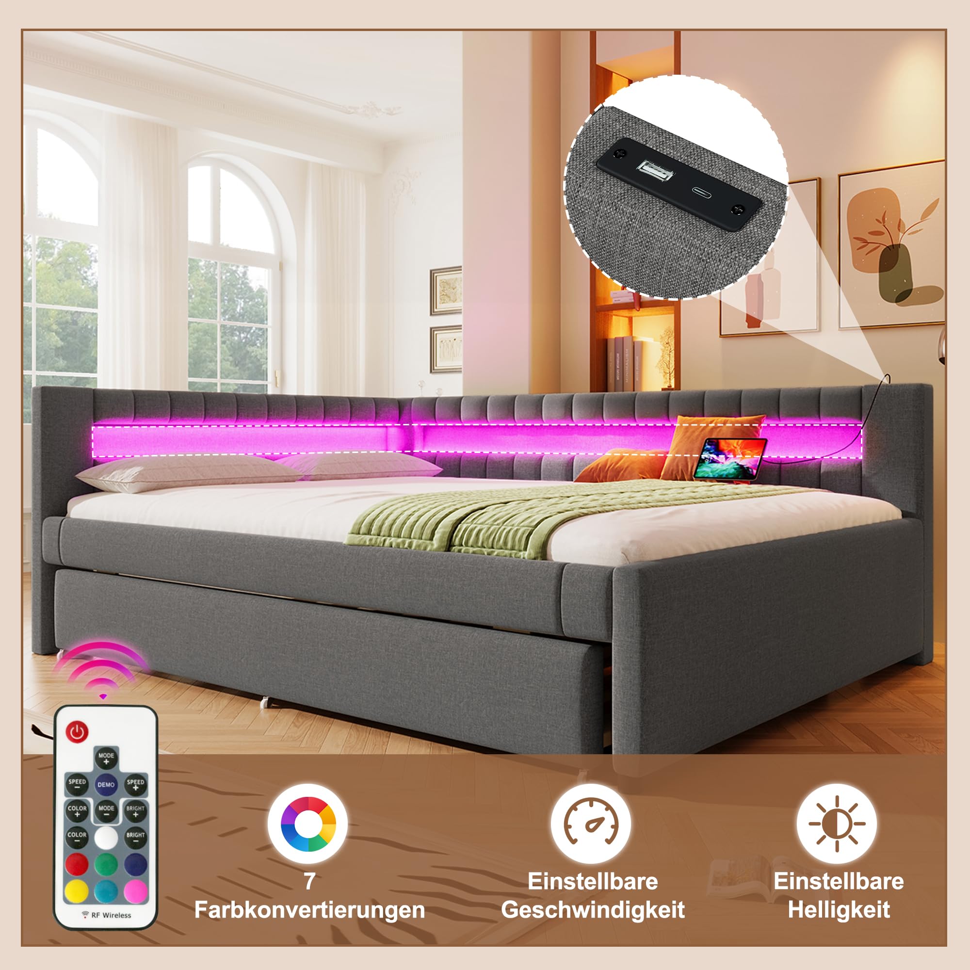 Letto imbottito con letto estraibile, 140 x 200 cm (90 x 190 cm), divano letto con illuminazione a LED e rete a doghe, funzione di ricarica USB + tipo C, letto per gli ospiti, lettino per