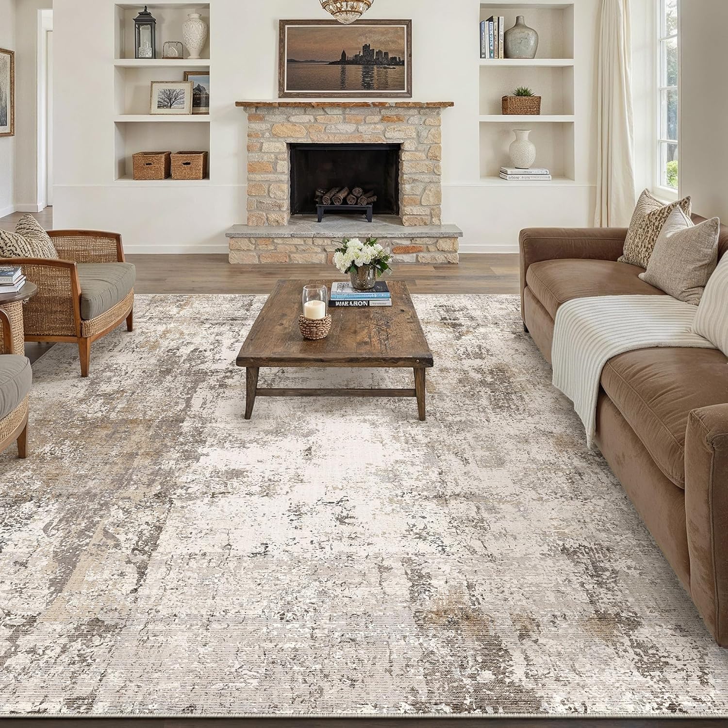WondRg 9x12 Area Rug Brown Grey Abstract Living Room Bedroom Washable Carpet Neutral Modern Non Slip Soft Low Pile Indoor Large Throw Rug for Dining