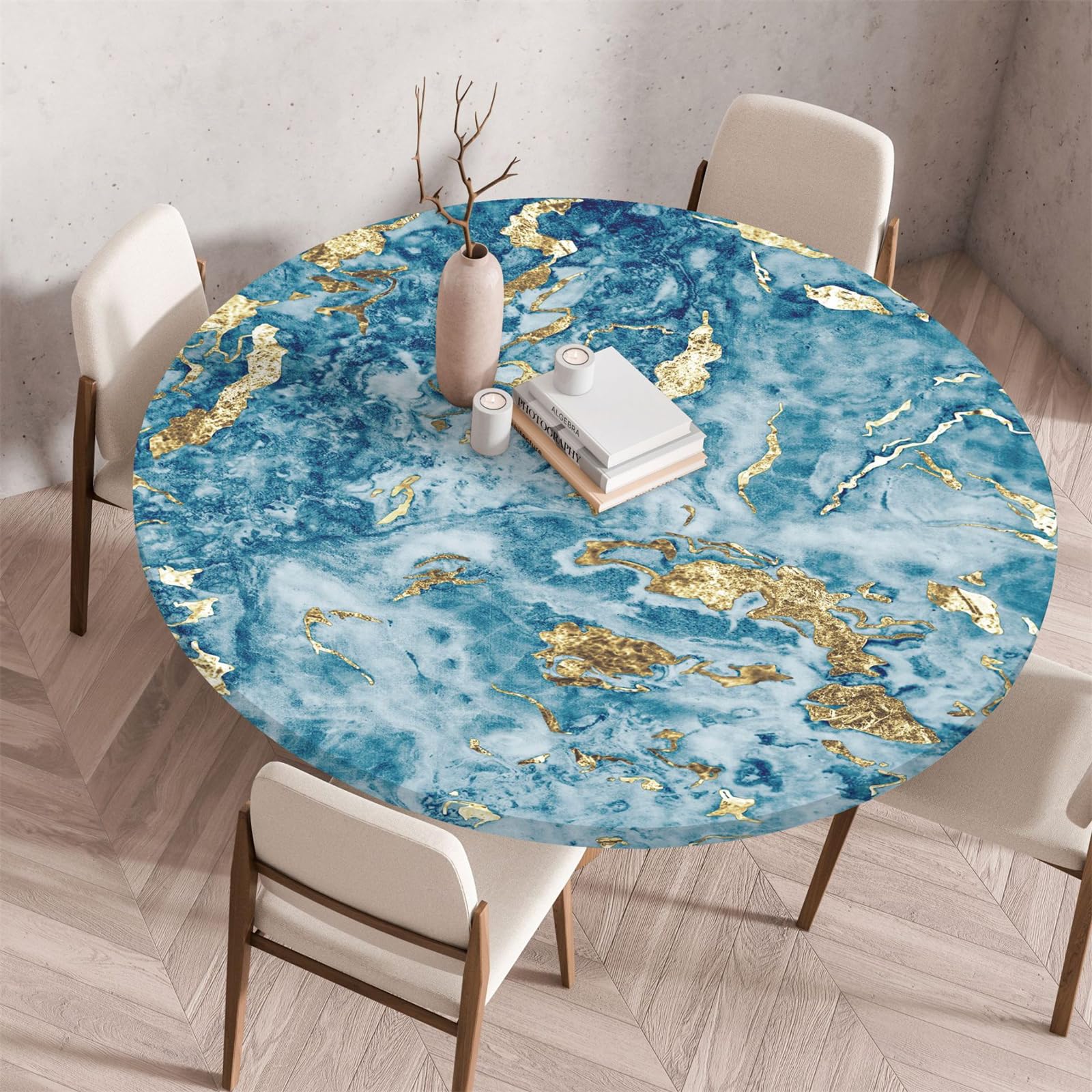 Muiuou Waterproof Elastic Fitted Round Tablecloth, Marble Printing Reusable Waterproof Oil-Proof Round Table Cover Cloth, Fitted Home Decoration Restaurant Picnic (Diameter 130cm,Marble 14)