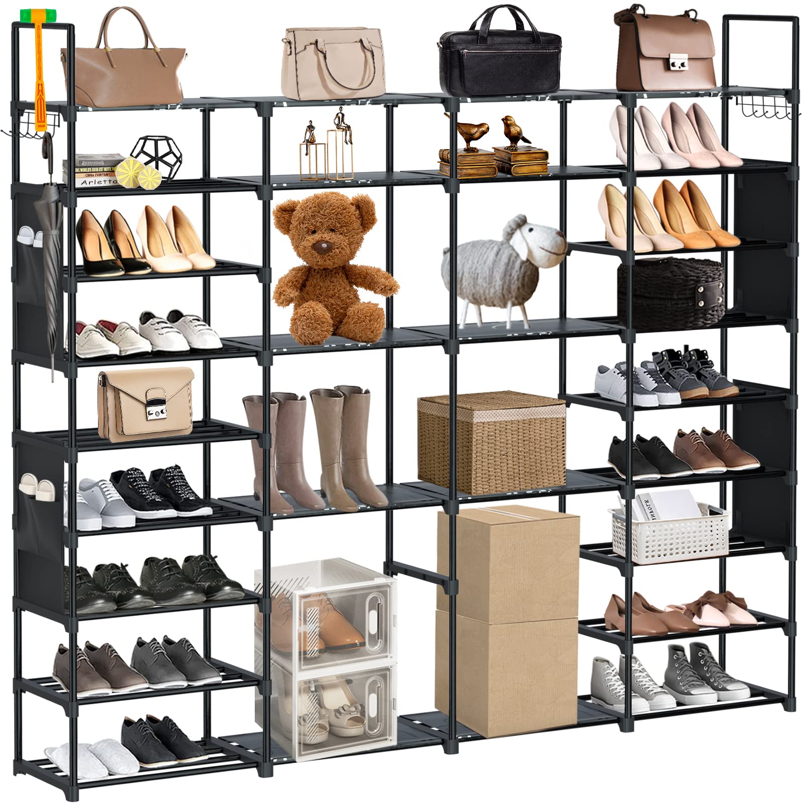 SUNTAGE Free-Standing Shoe Rack Organizer, Garage Shoe Storage Organizer with Side Hooks & Pockets, Metal Shoe Rack for Garage, Entryway, Holds 68 Pairs Shoes & Boots, 4 Columns, 9 Tiers