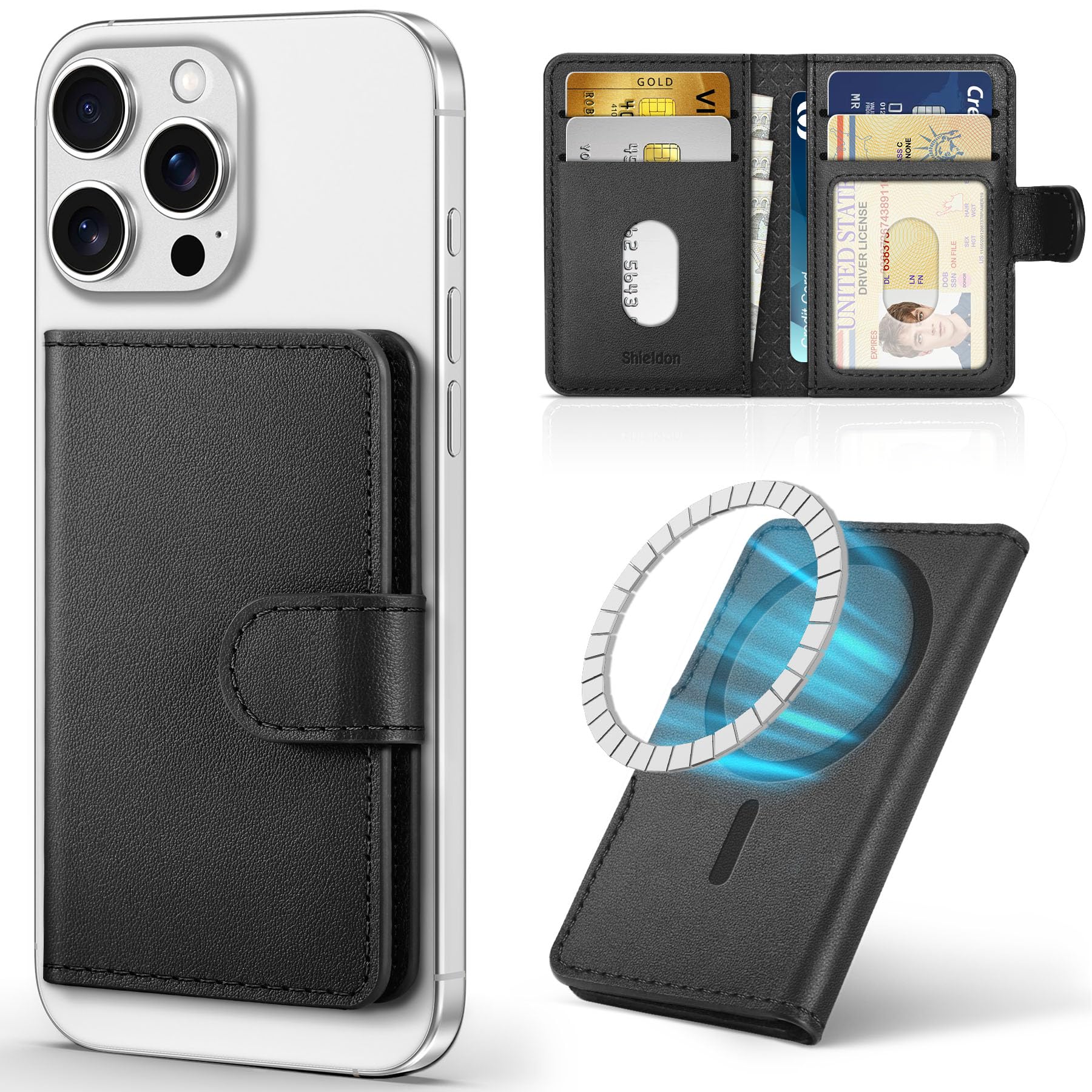 SHIELDON Porta Carte Adesivo Portafoglio Magnetico in Vera Pelle [Blocco RFID] [Slot per Carte] Porta-Carte Adesivi, Portafoglio Leather Phone Wallet per iPhone 16/15/14/13/12 – Nera