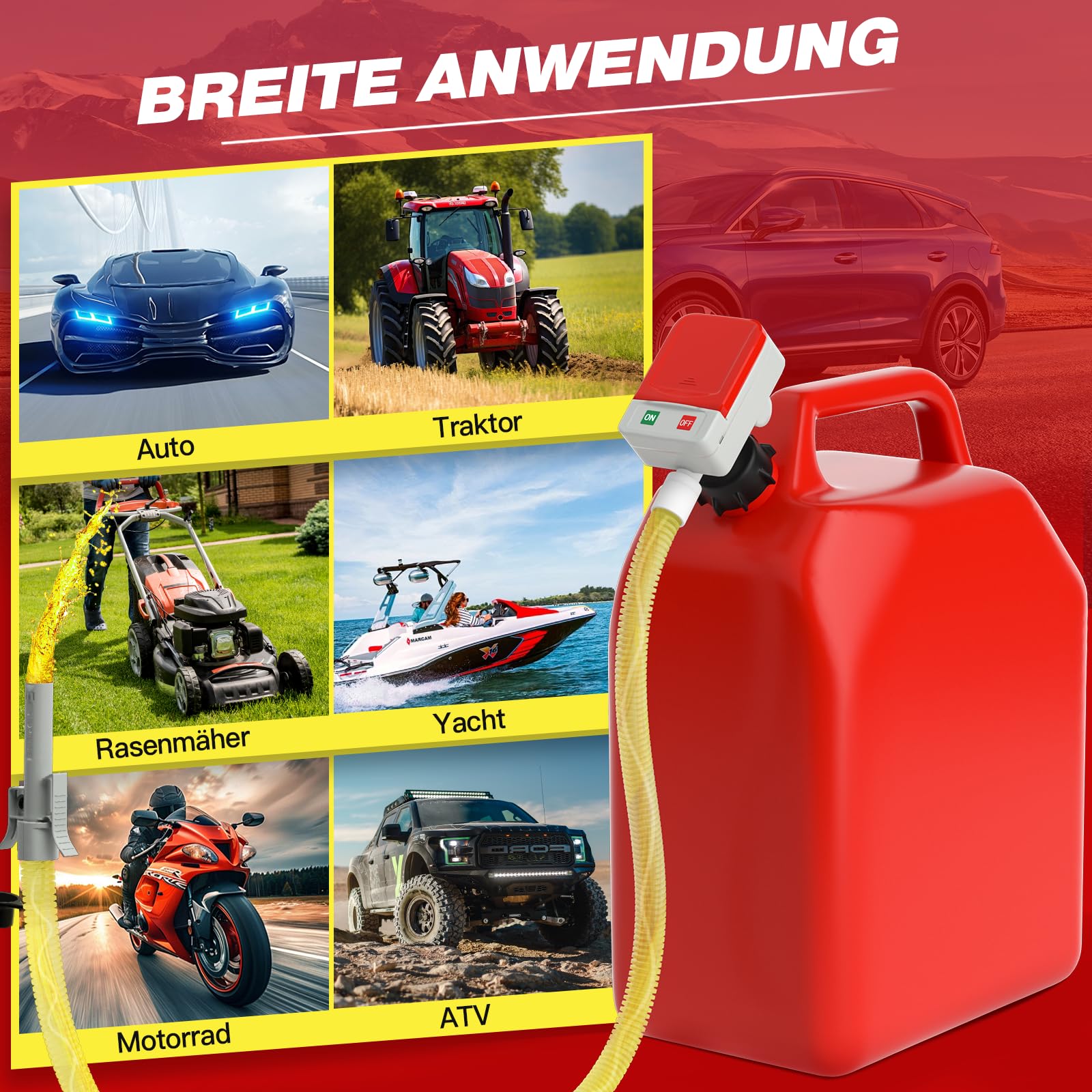 Keimi Kraftstoffpumpe mit Auto-Stop, 2,4GPM (10.5L/Min）129,5 cm extra langer Schlauch, batterie- & USB-betrieben, 4 Dosenadapter, schnelle und sichere Gaspumpe für Öl, Diesel und Benzin