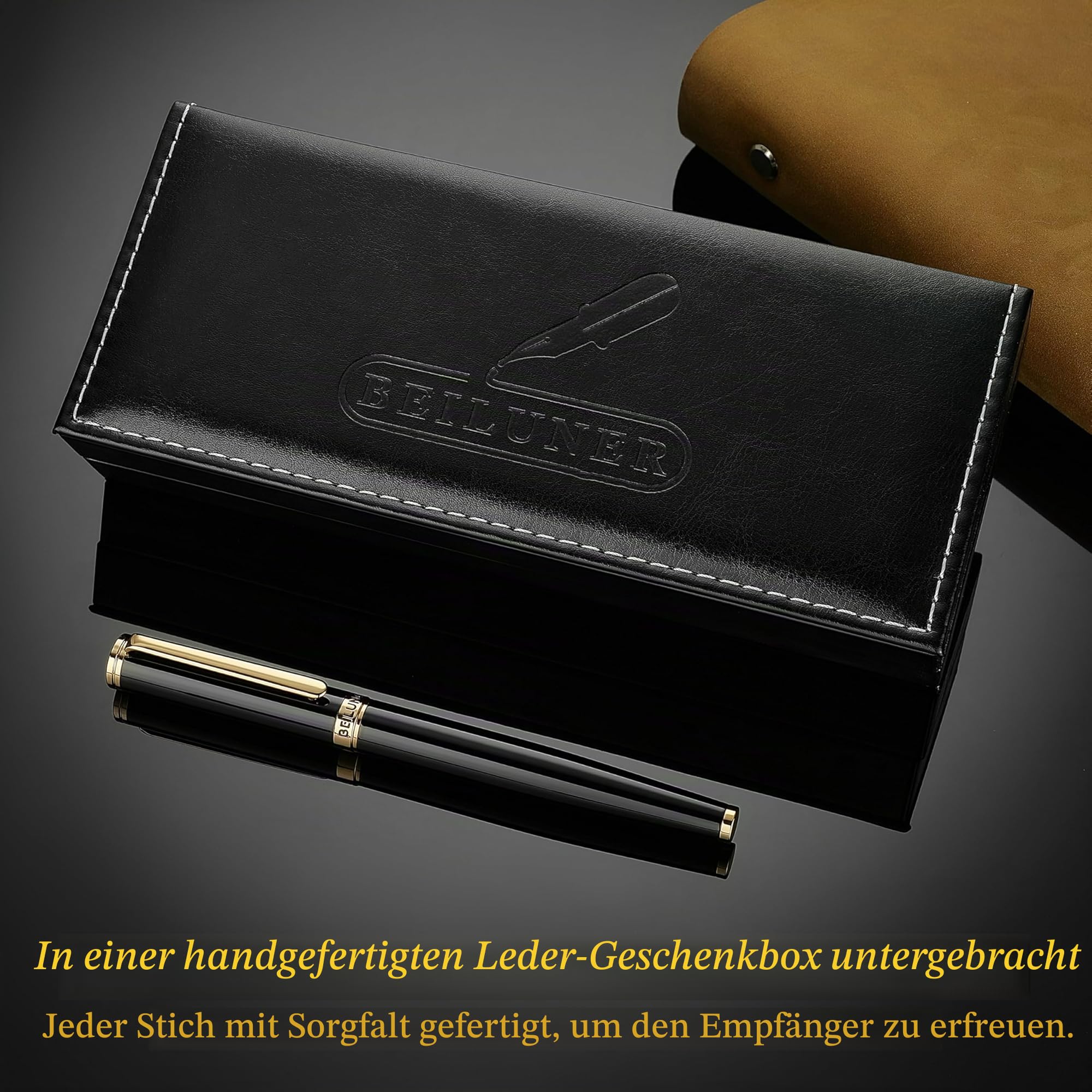 BEILUNER Füllfederhalter Schwarz, luxuriöser Schreibgerät mit 24K Gold-Akzenten & vergoldeter Feder (Fein), elegantes und zuverlässiges Geschenkset inkl. Konverter für Damen und Herren