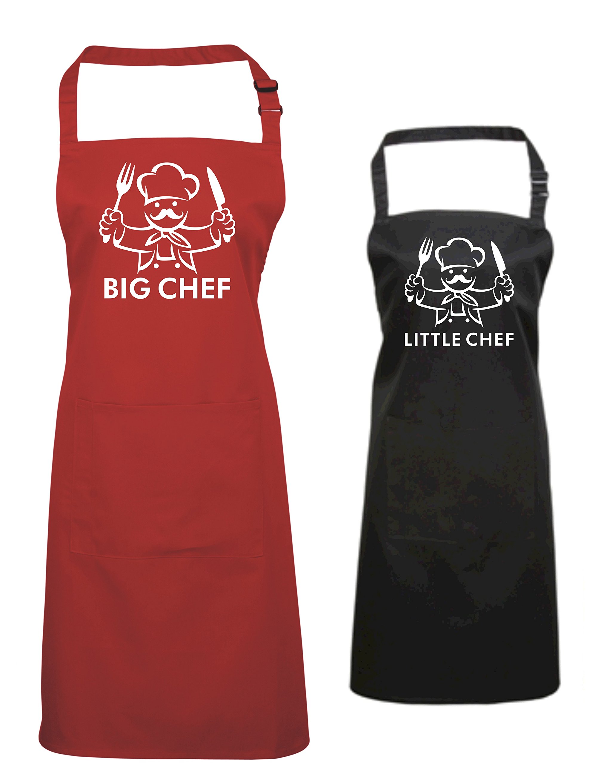 Edward Sinclair Big Chef Little Chef Apron Set - Red Adult | Black Child 3/6 with White Prints