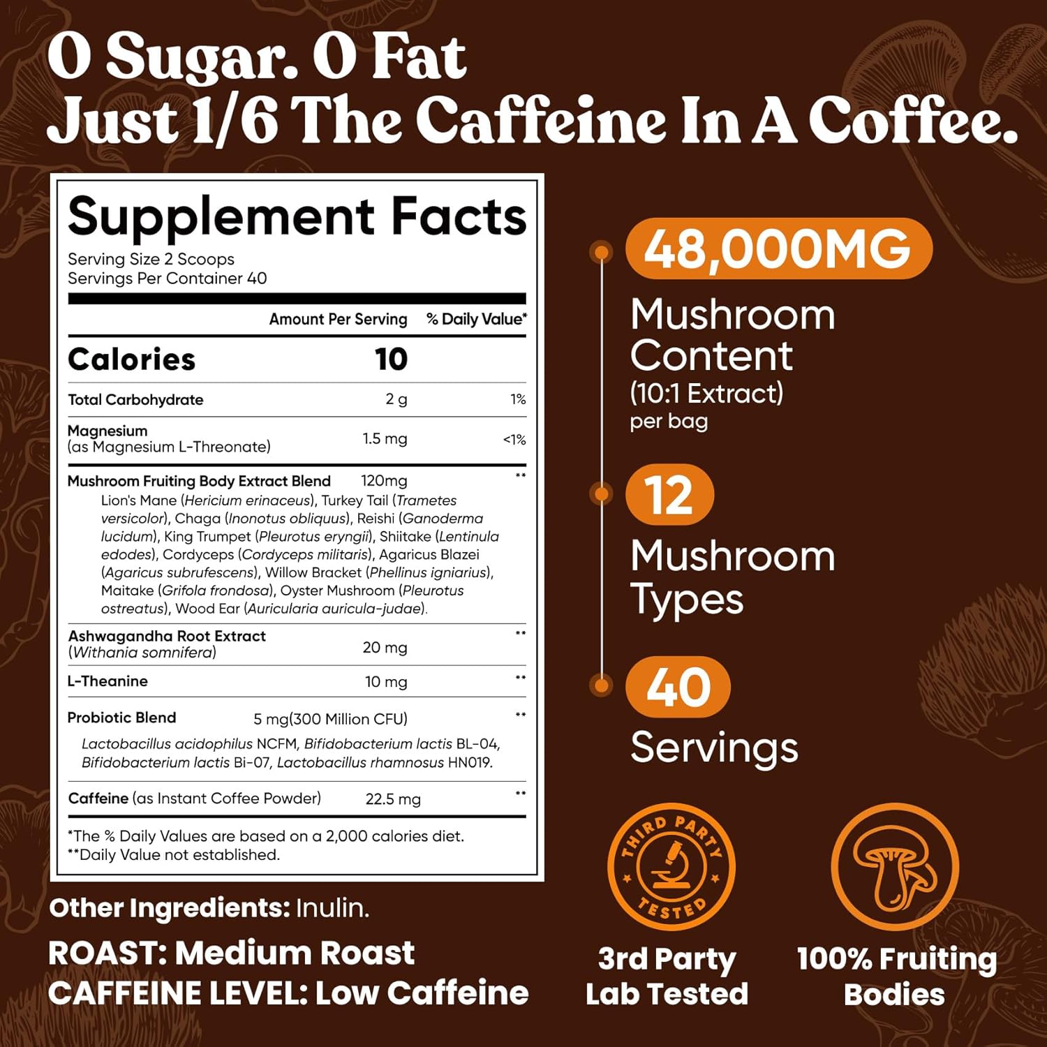 Venture Pal 48000mg Mushroom Coffee with 12 Adaptogenic Mushrooms, Lion's Mane, Cordyceps, Turkey tail, Reishi, Ashwagandha & Probiotics, Instant Coffee for Focus, Digestion & Immunity, 40 Servings - Image 2